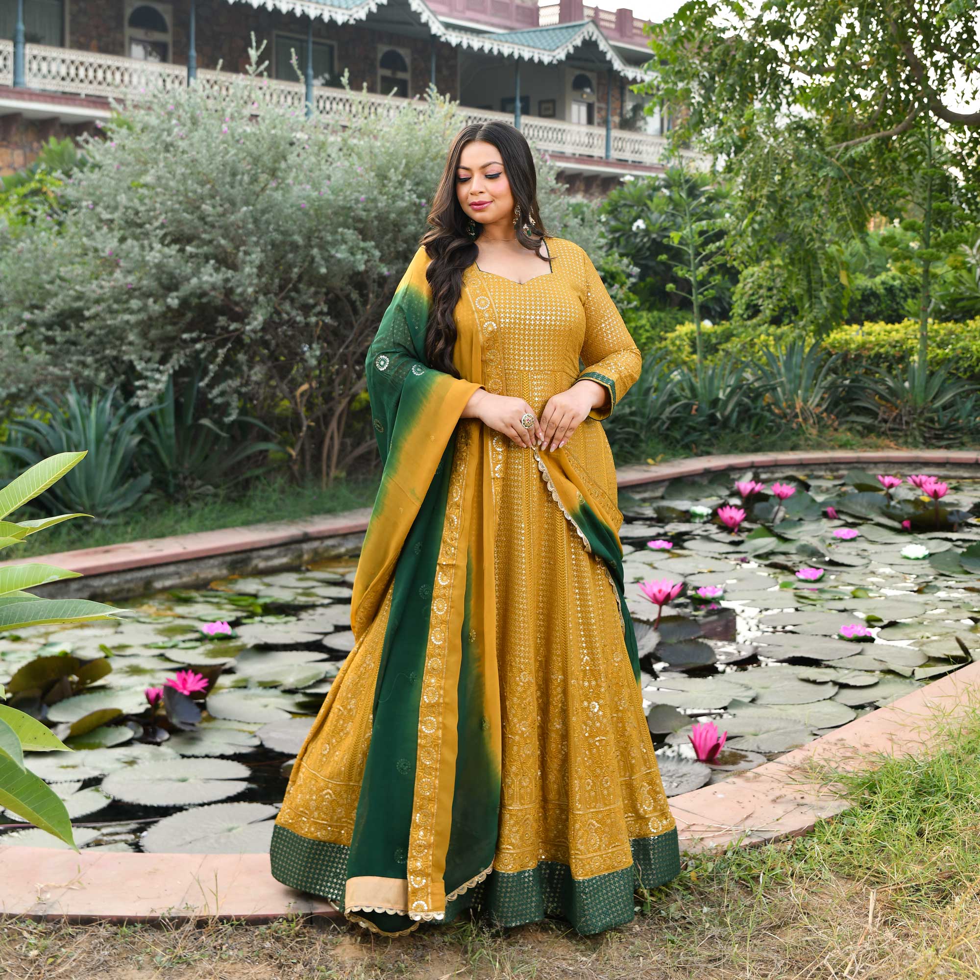 Wine Thread Embroidered Georgette Anarkali Dress-Plus Size Clothing(XS-10XL)