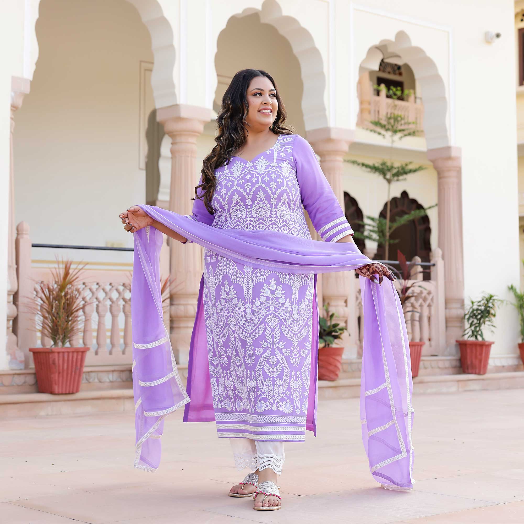 Periwinkle & Pearl Thread Embroidered Georgette Kurta - Plus Size Clothing (XS-10XL)