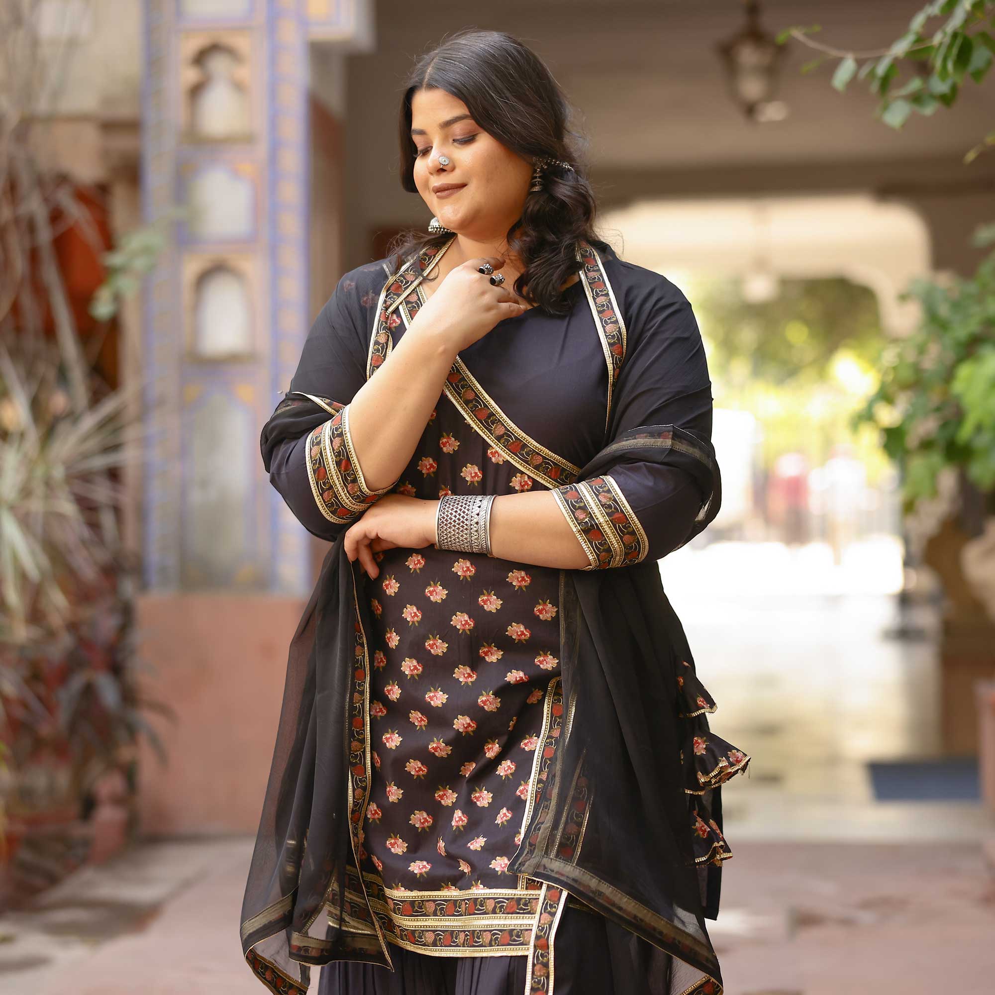 Embroidered Neckline Chanderi Cotton Punjabi Suit in Black : KBX61