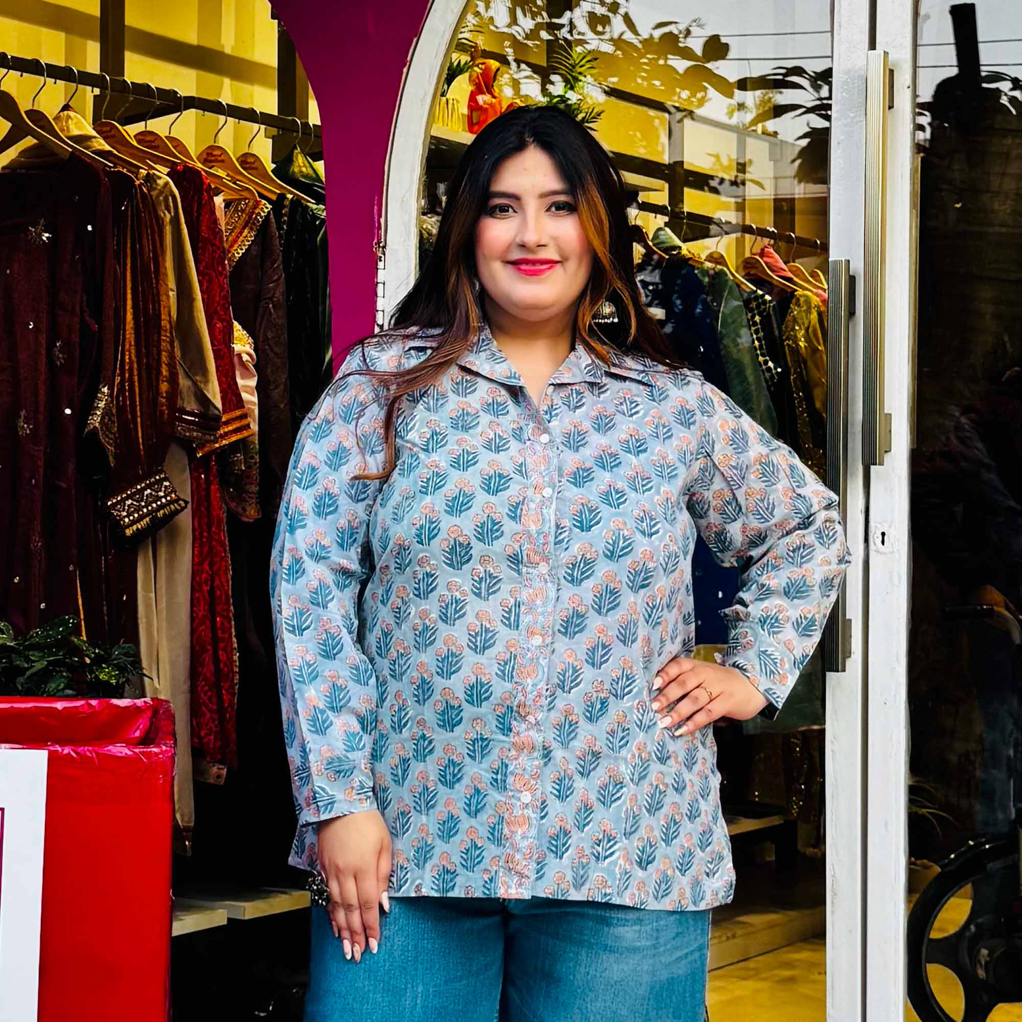 Icy Blue Handblock Printed Cotton Shirt