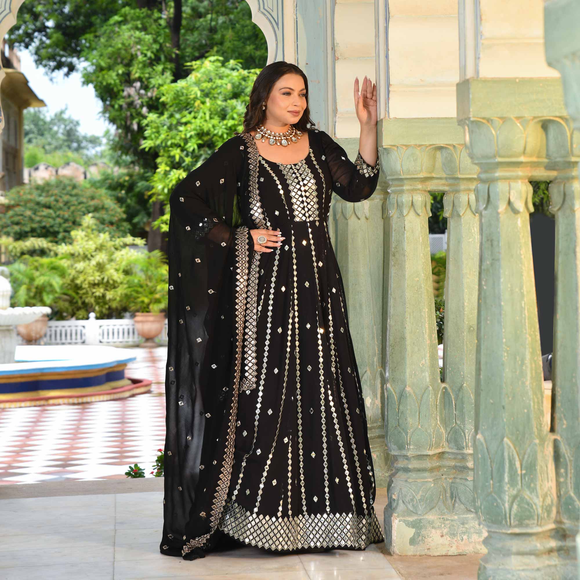 Black Diamond Mirror Embroidered Pure Georgette Anarkali Set