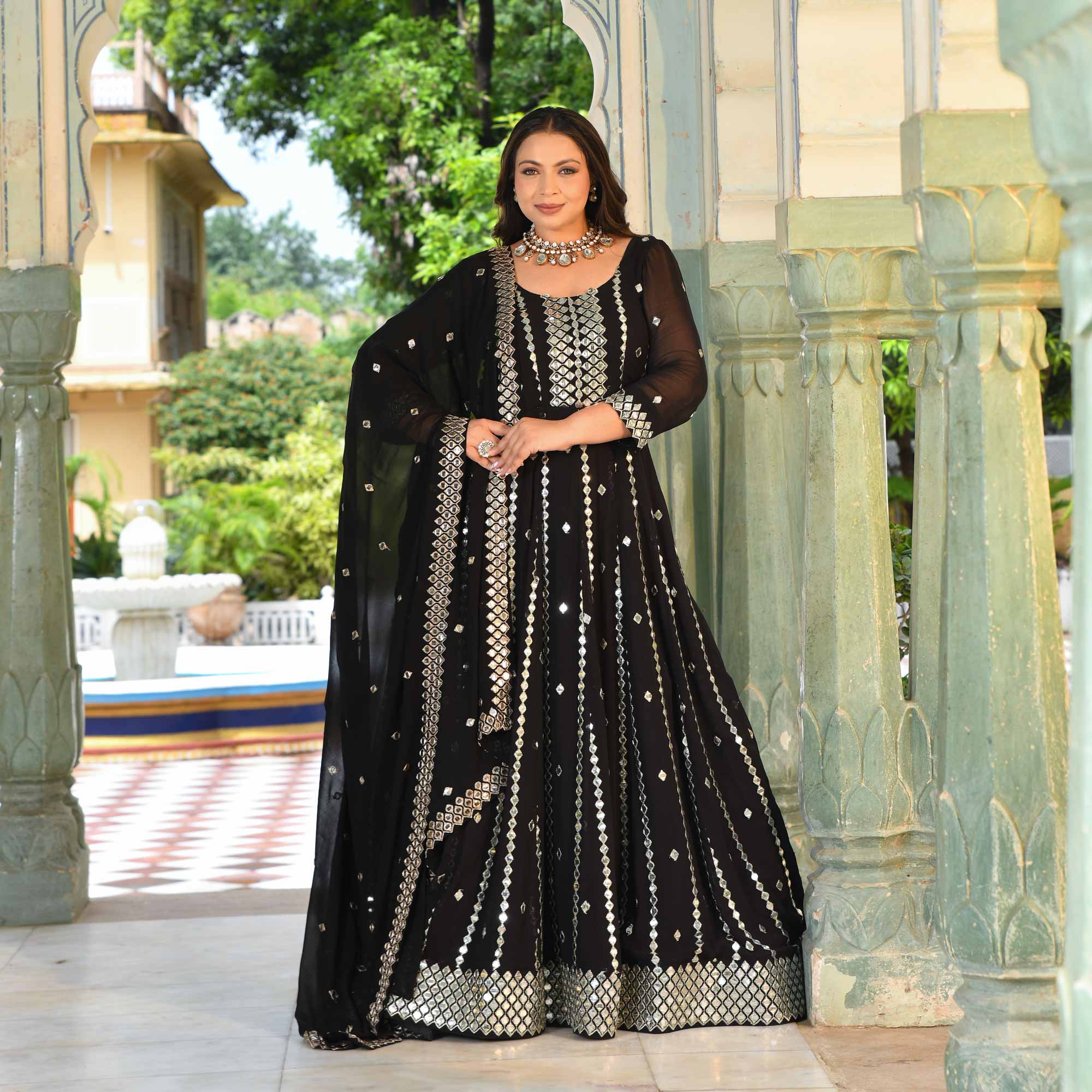 Black Diamond Mirror Embroidered Pure Georgette Anarkali Set