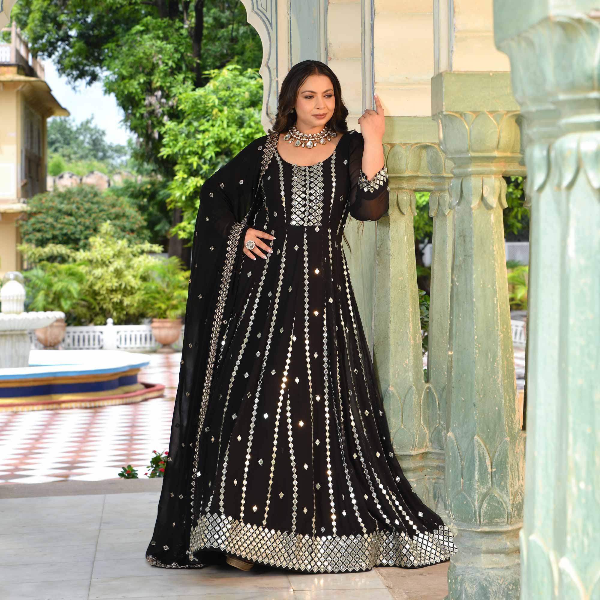 Black Diamond Mirror Embroidered Pure Georgette Anarkali Set