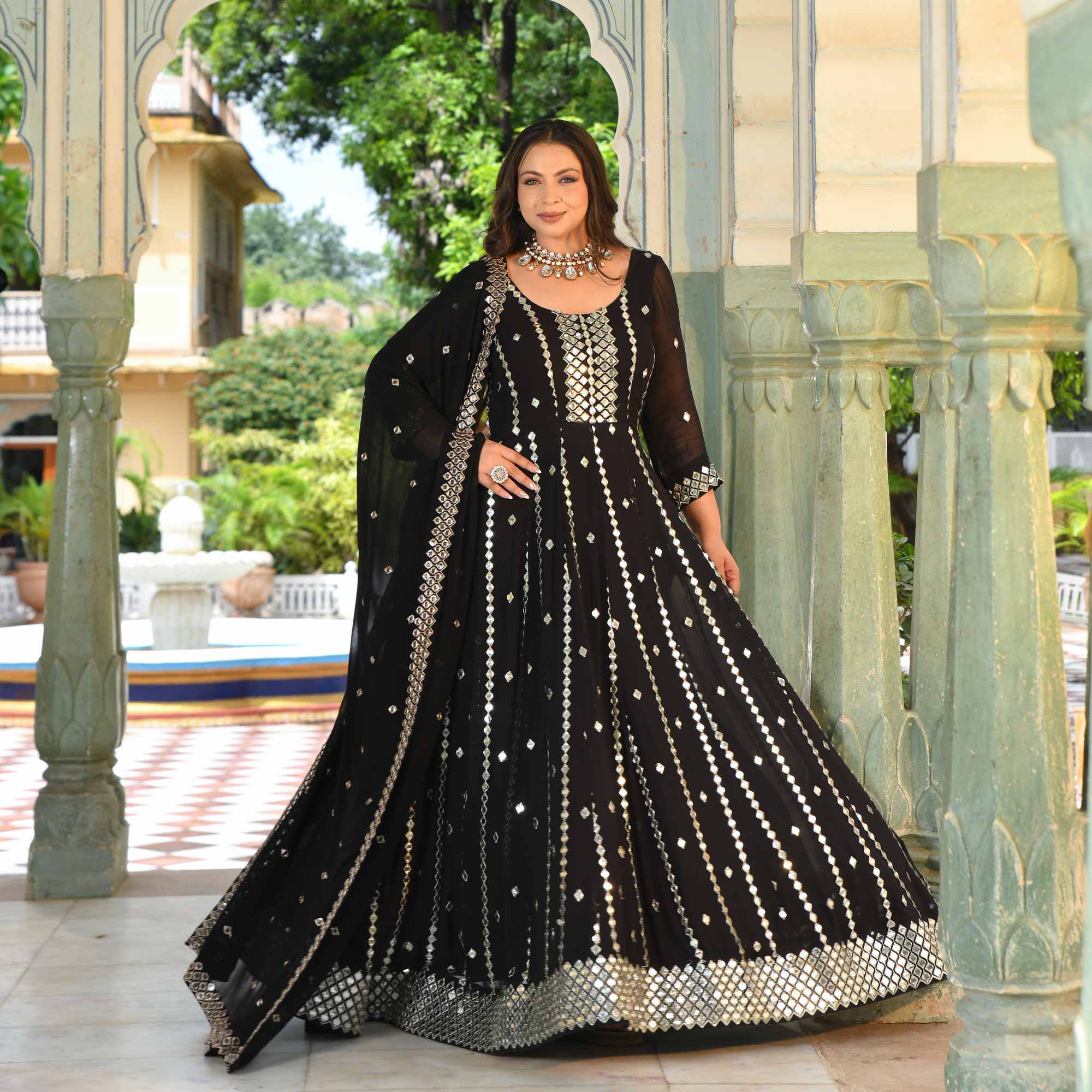 Black Diamond Mirror Embroidered Pure Georgette Anarkali Set