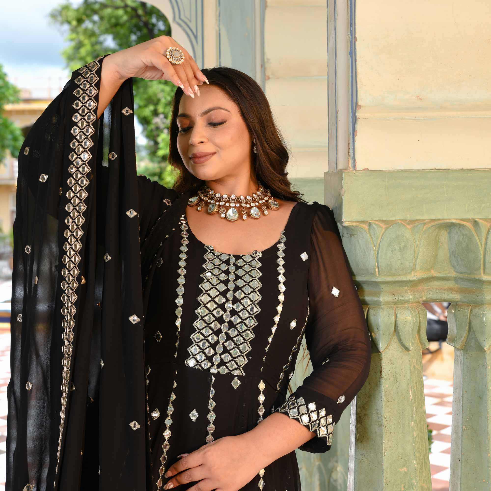 Black Diamond Mirror Embroidered Pure Georgette Anarkali Set