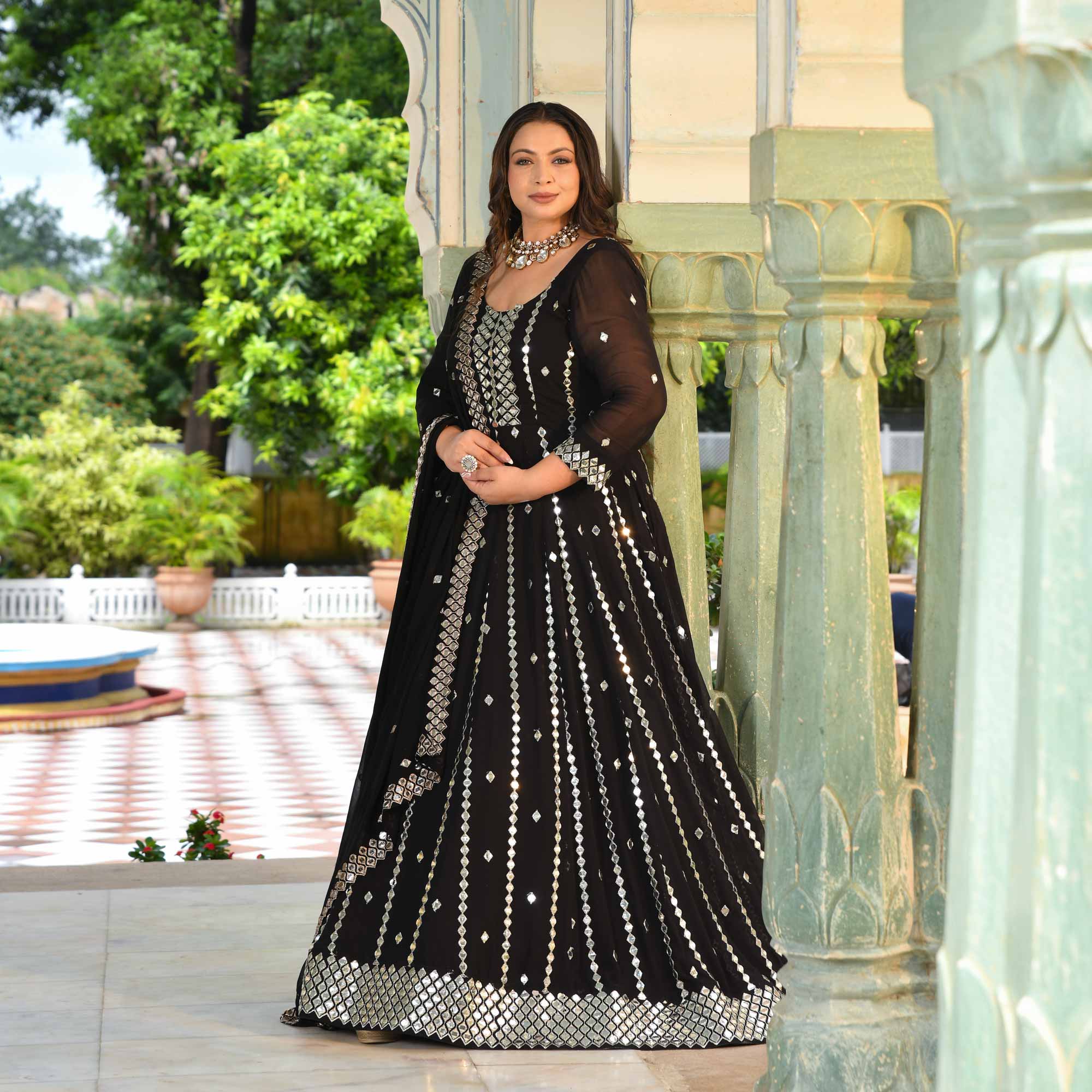 Black Diamond Mirror Embroidered Pure Georgette Anarkali Set