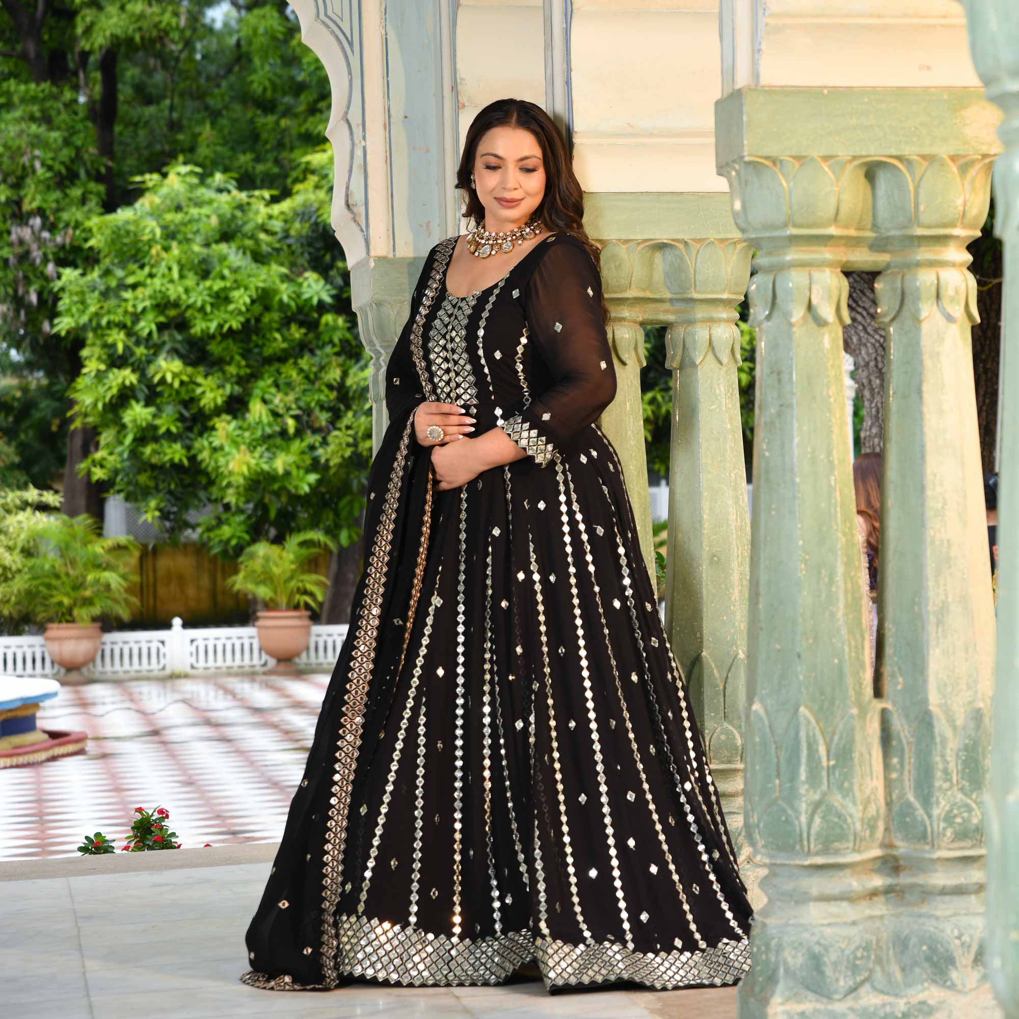 Black Diamond Mirror Embroidered Pure Georgette Anarkali Set