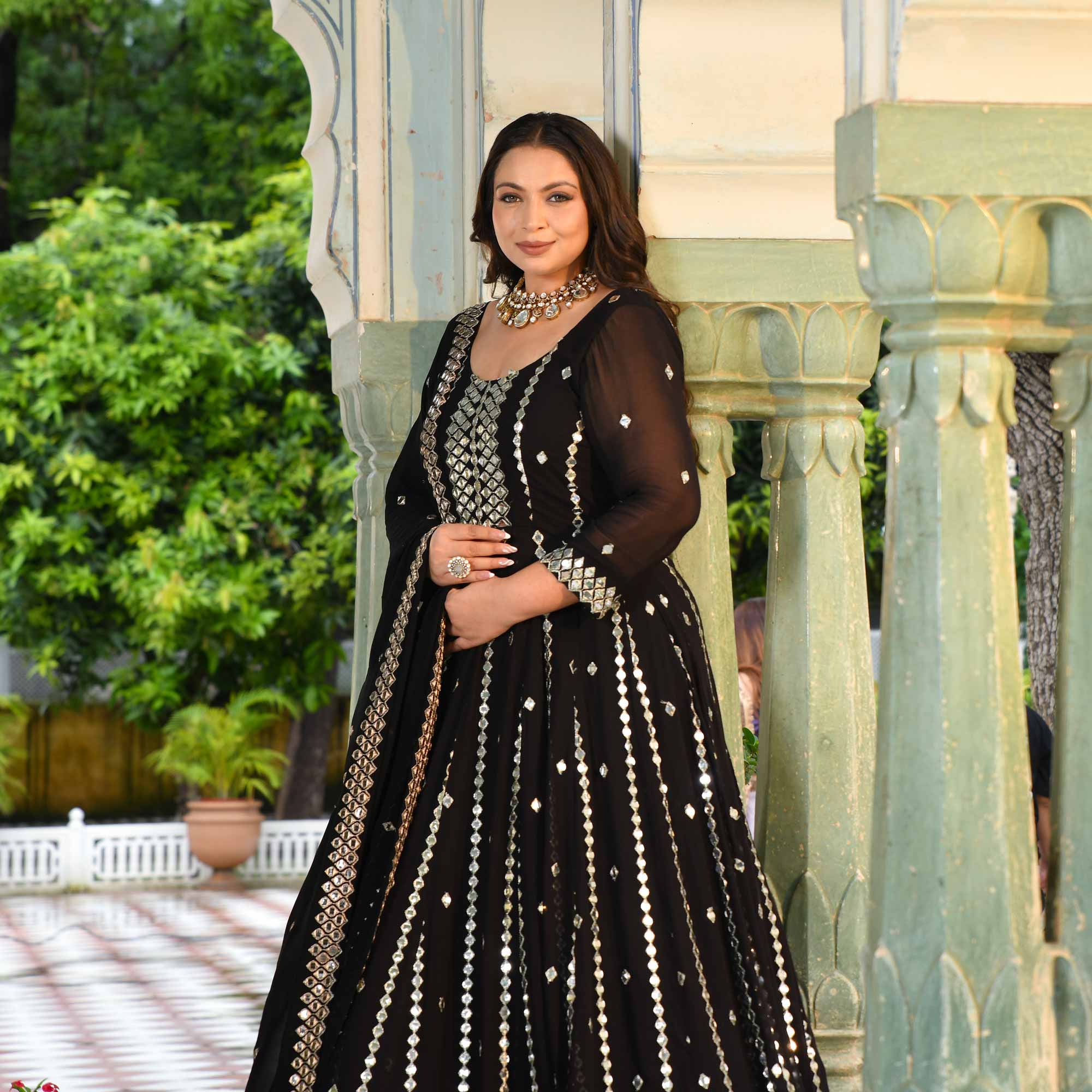 Black Diamond Mirror Embroidered Pure Georgette Anarkali Set