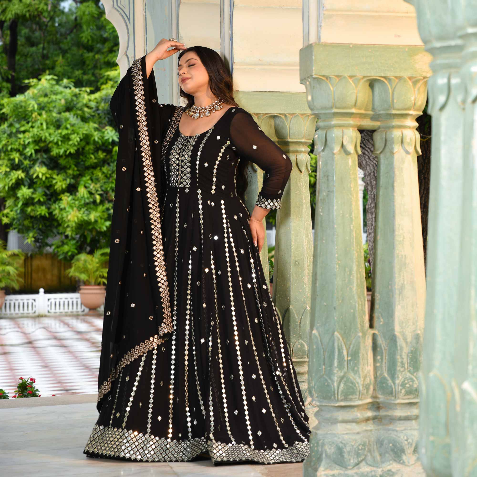 Black Diamond Mirror Embroidered Pure Georgette Anarkali Set