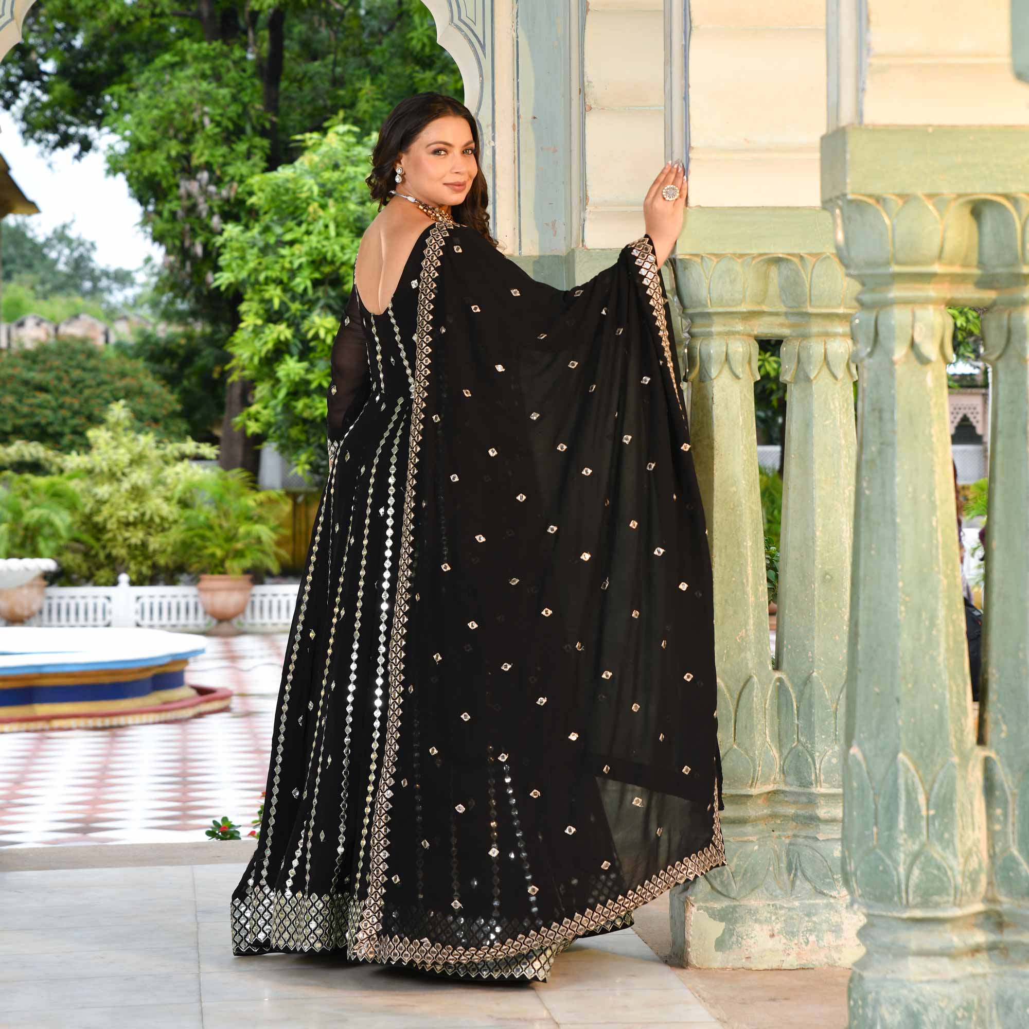 Black Diamond Mirror Embroidered Pure Georgette Anarkali Set