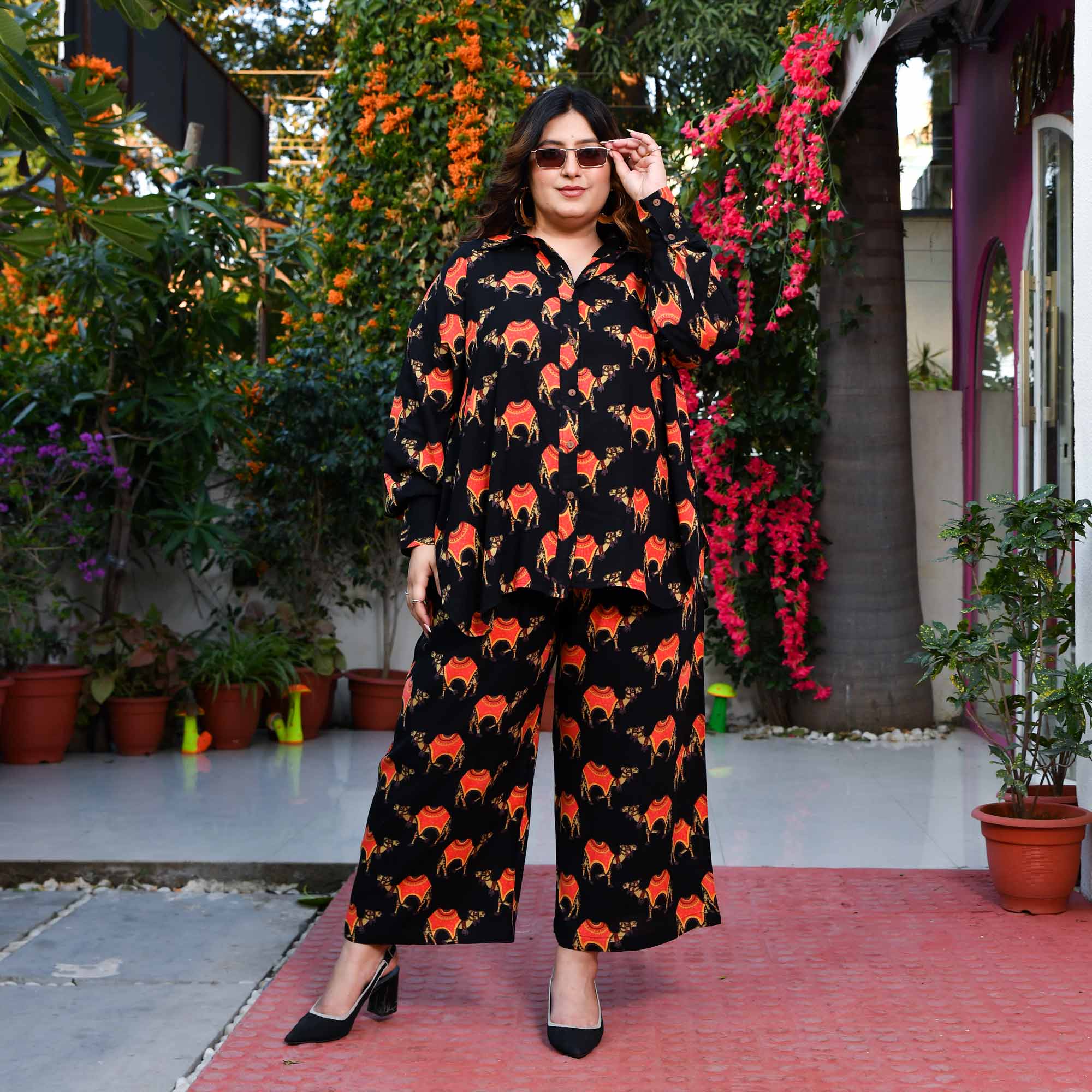 Cinder- Black & Orange Rayon Printed Co-ord Set