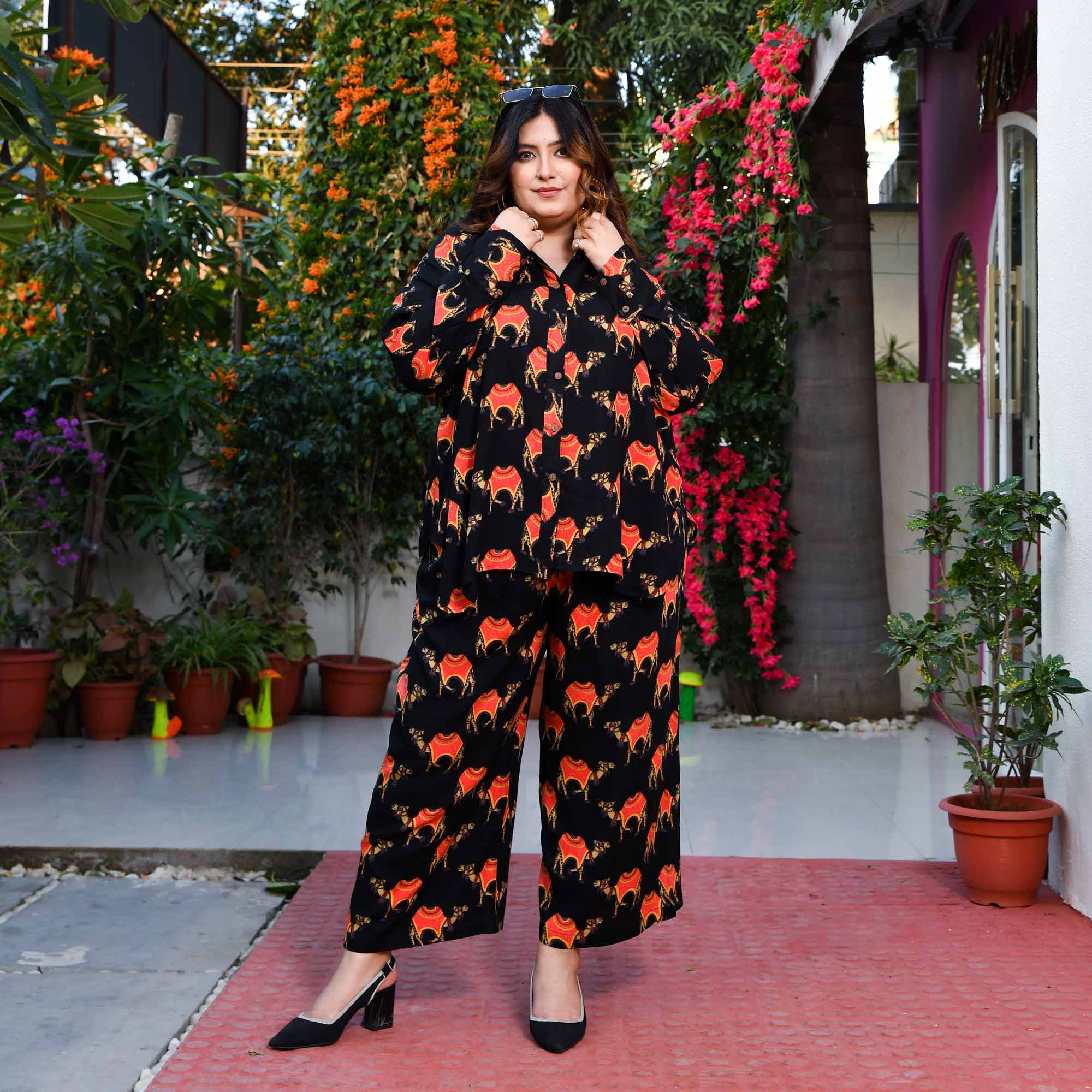 Cinder- Black & Orange Rayon Printed Co-ord Set