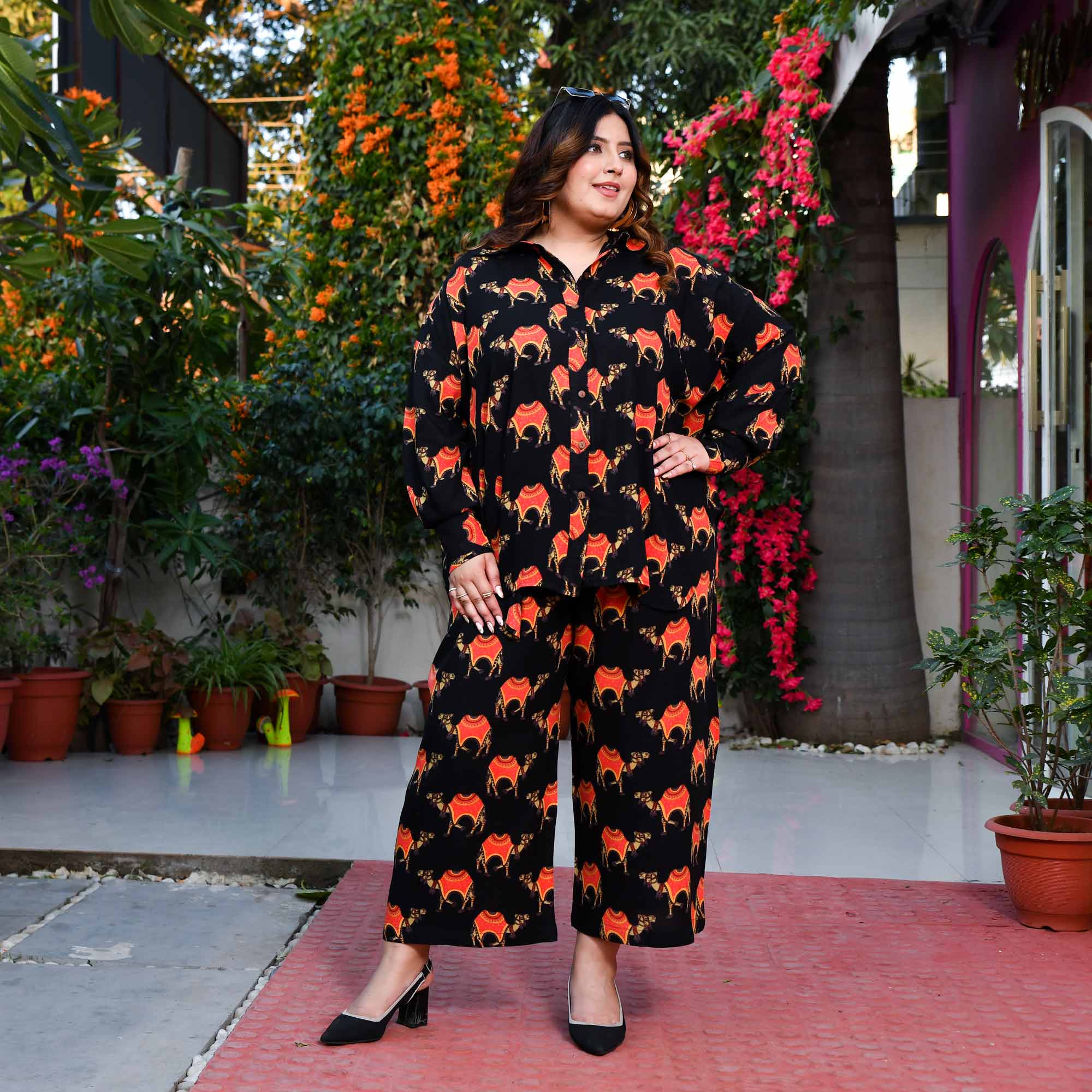 Cinder- Black & Orange Rayon Printed Co-ord Set