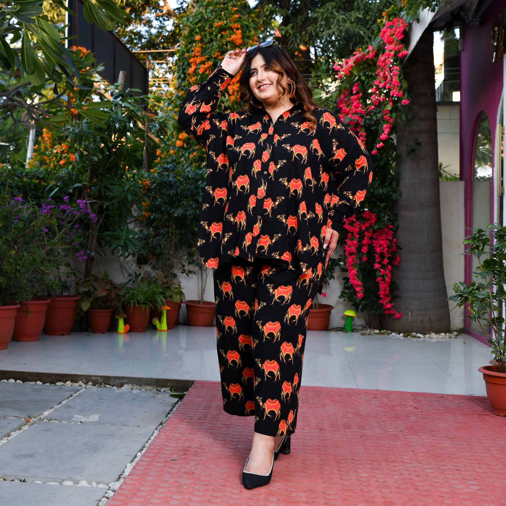 Cinder- Black & Orange Rayon Printed Co-ord Set