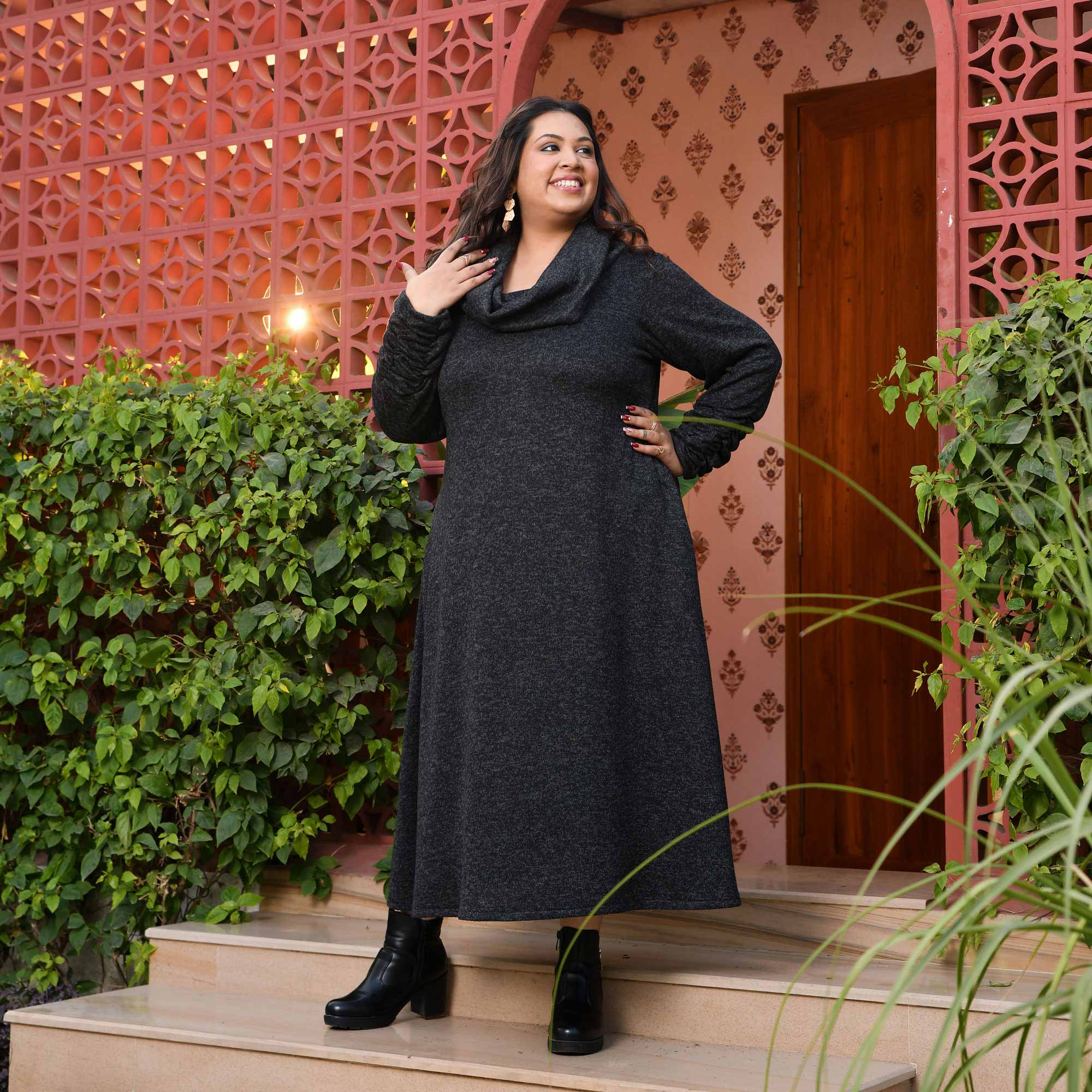 Woollen Greyish Black Stretchable Cowl Neck Aline Dress