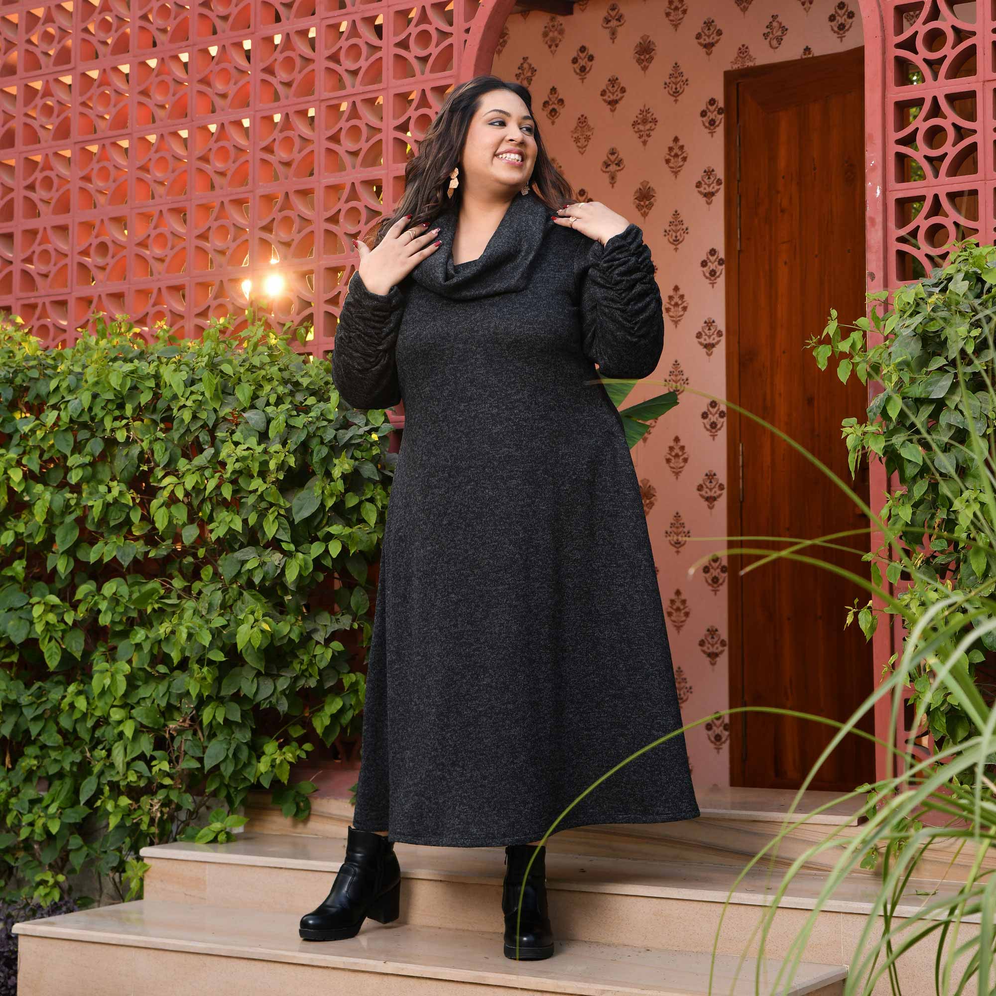 Woollen Greyish Black Stretchable Cowl Neck Aline Dress