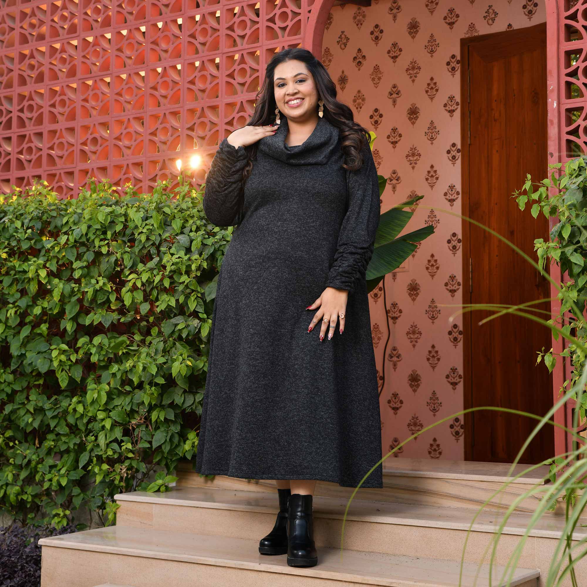 Woollen Greyish Black Stretchable Cowl Neck Aline Dress