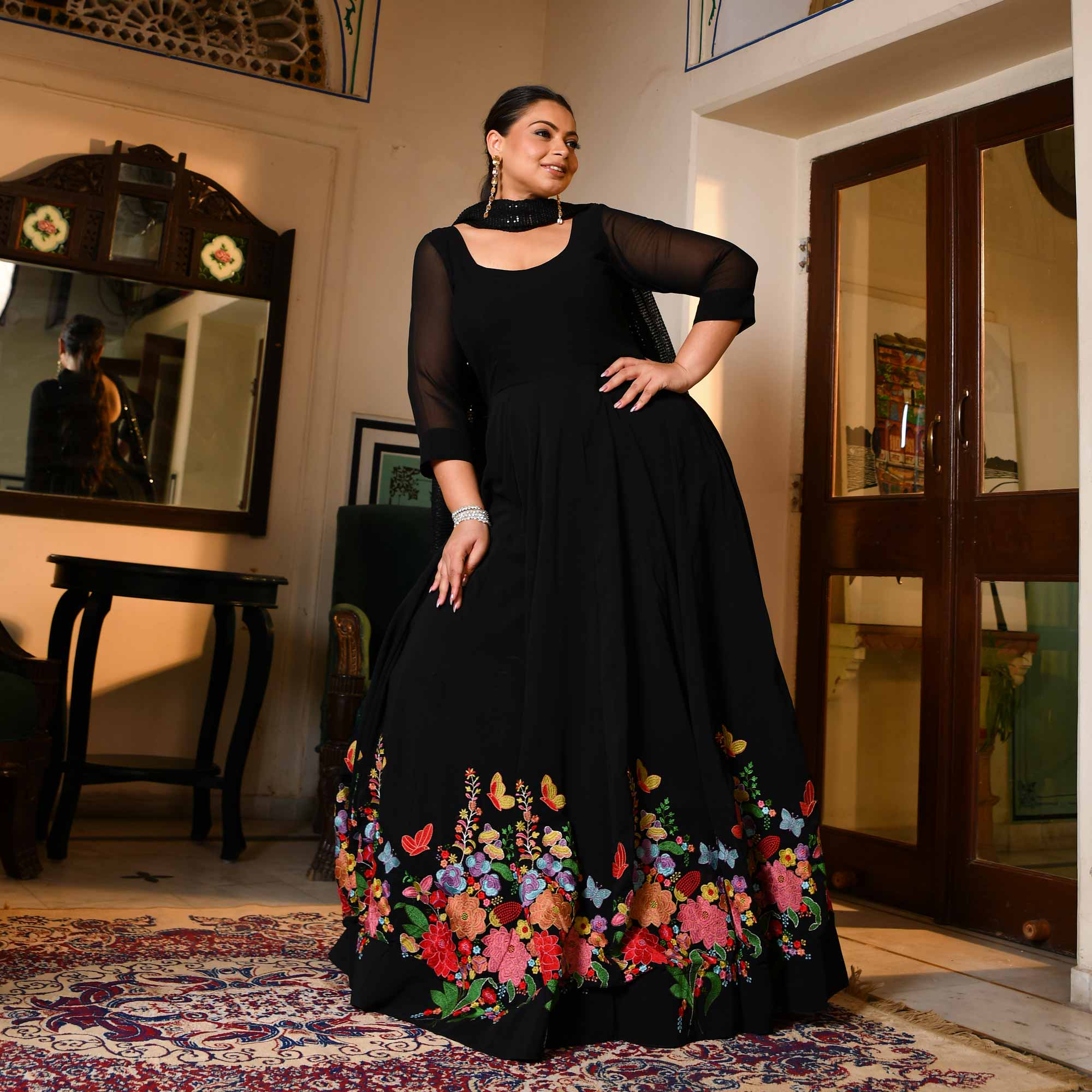 Elizabeth - Black Georgette Embroidered Dress