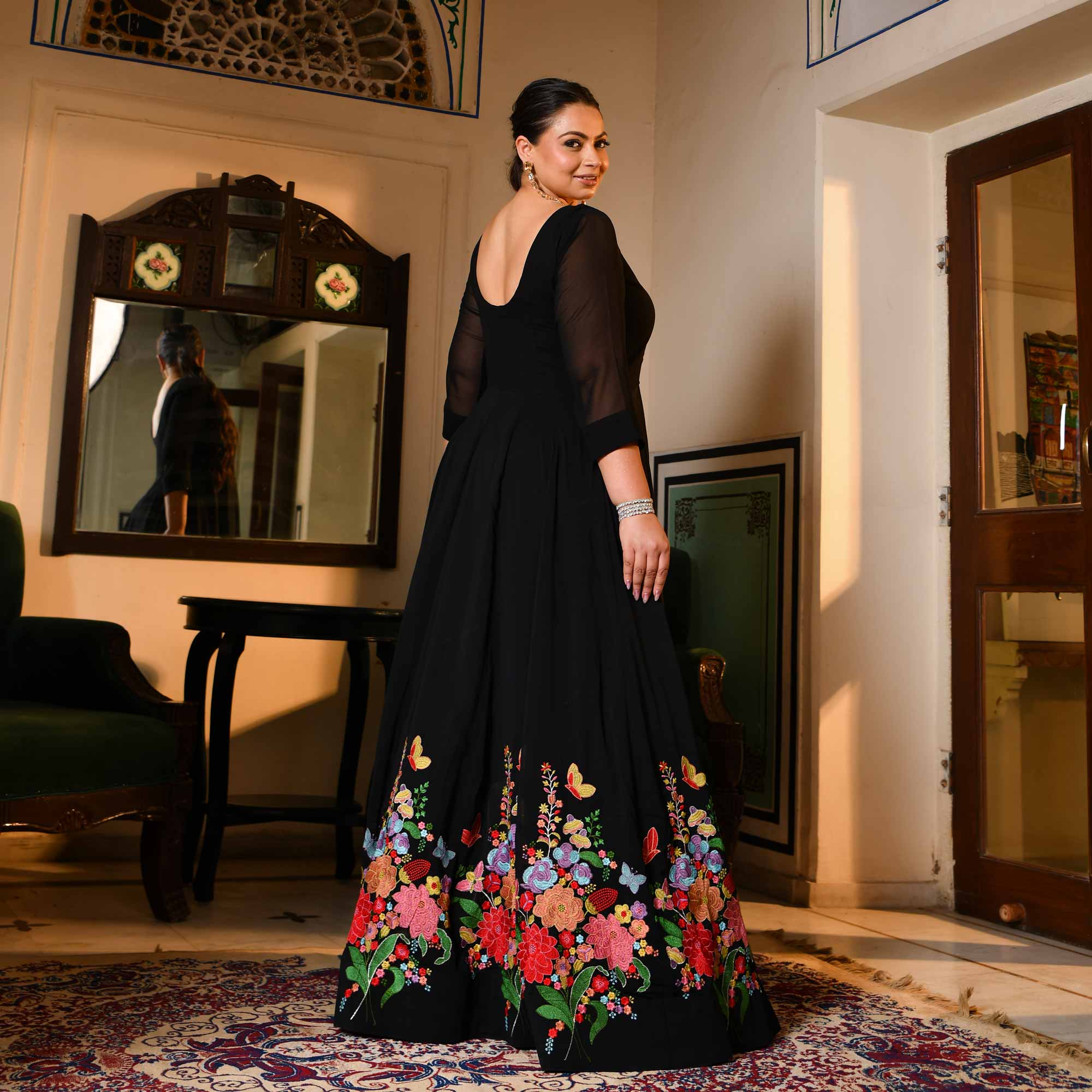 Elizabeth - Black Georgette Embroidered Dress