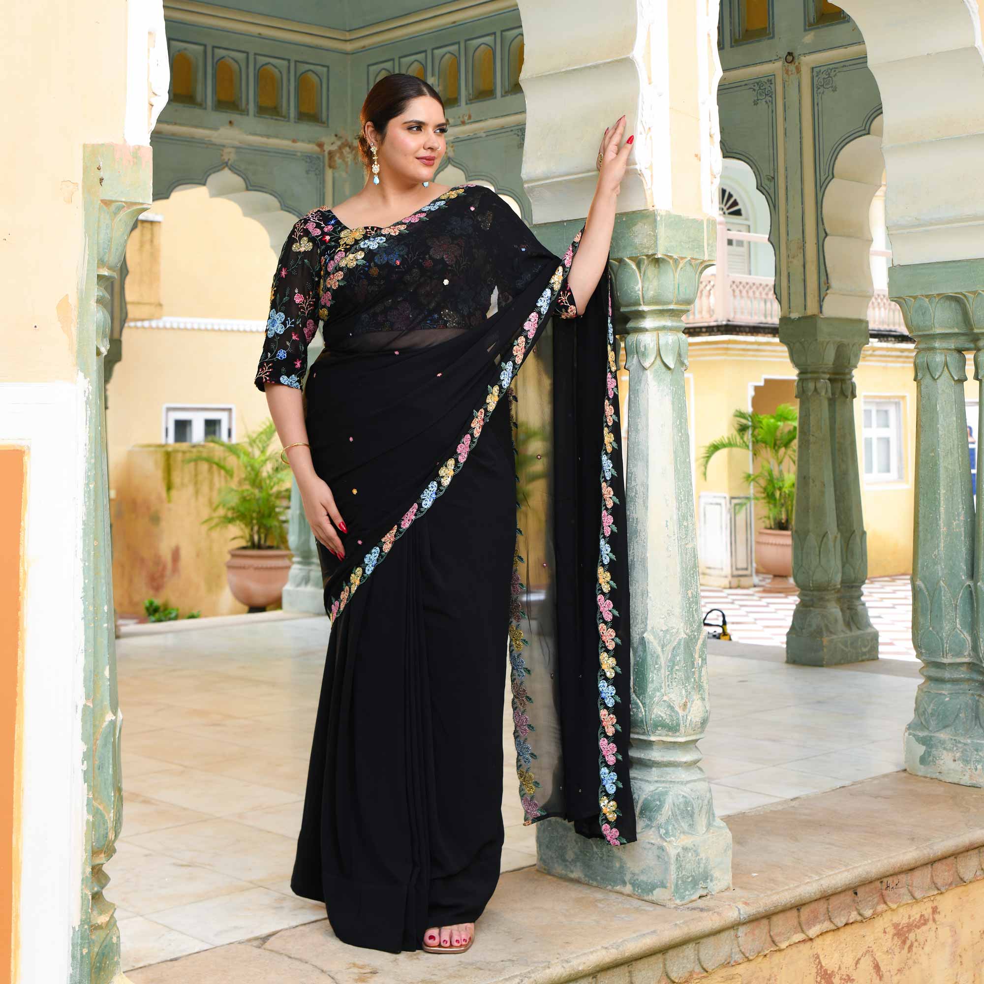 The Queen - Black multicolor sequin embroidered Pre-drape saree 