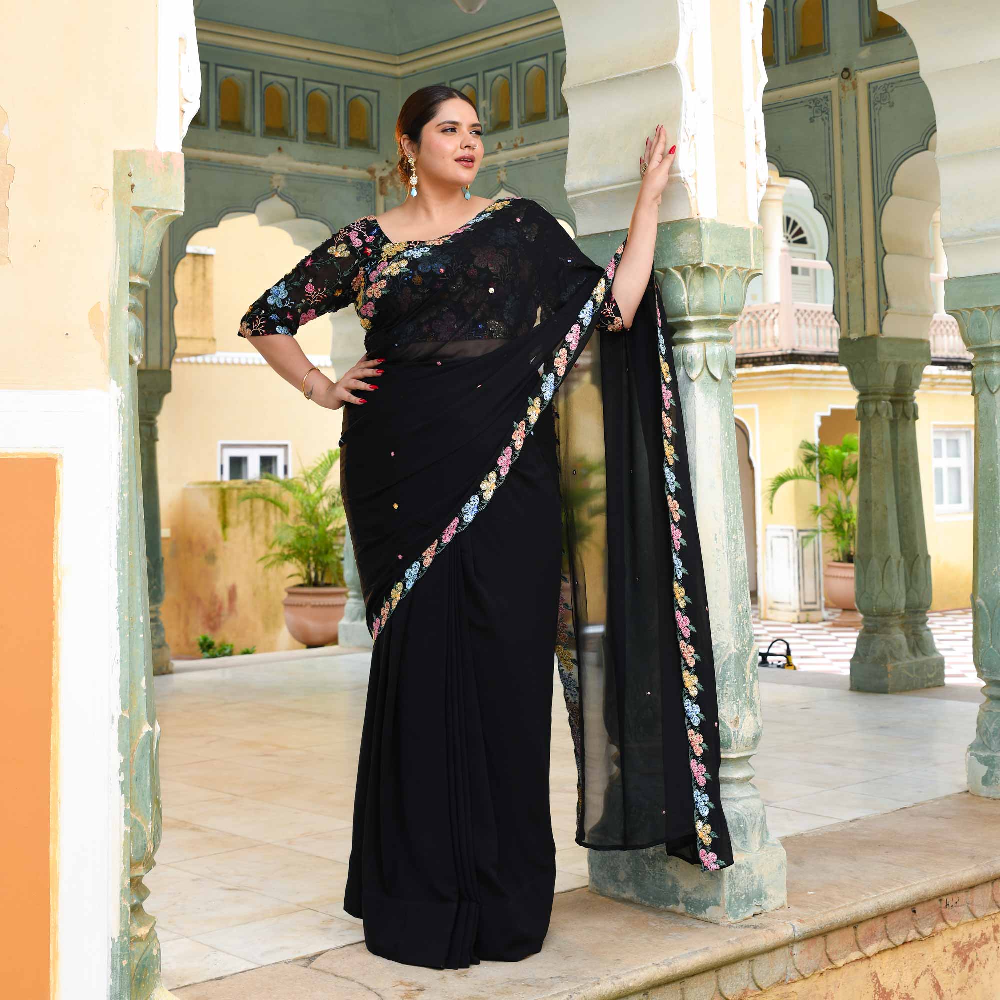 The Queen - Black multicolor sequin embroidered Pre-drape saree 