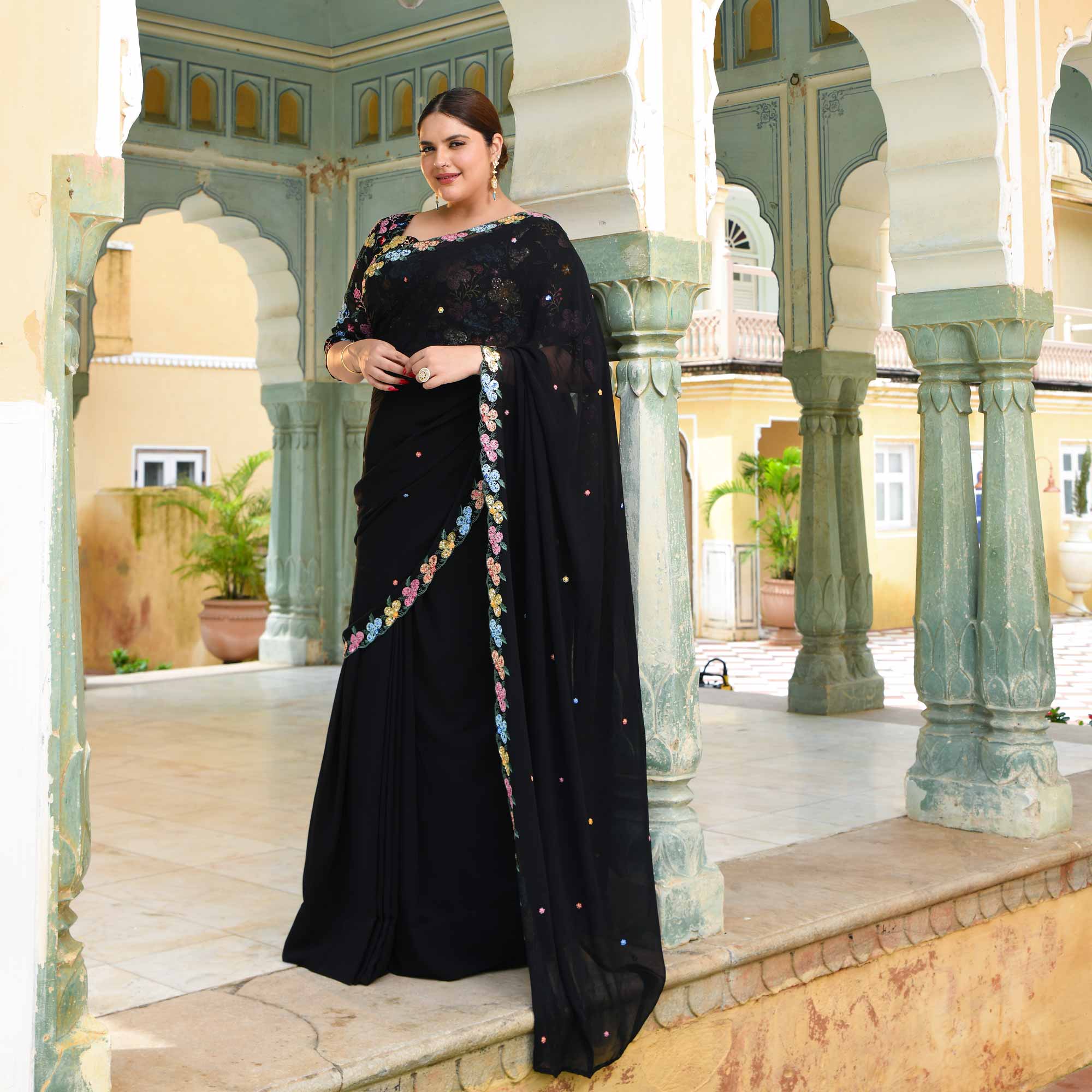 The Queen - Black multicolor sequin embroidered Pre-drape saree 