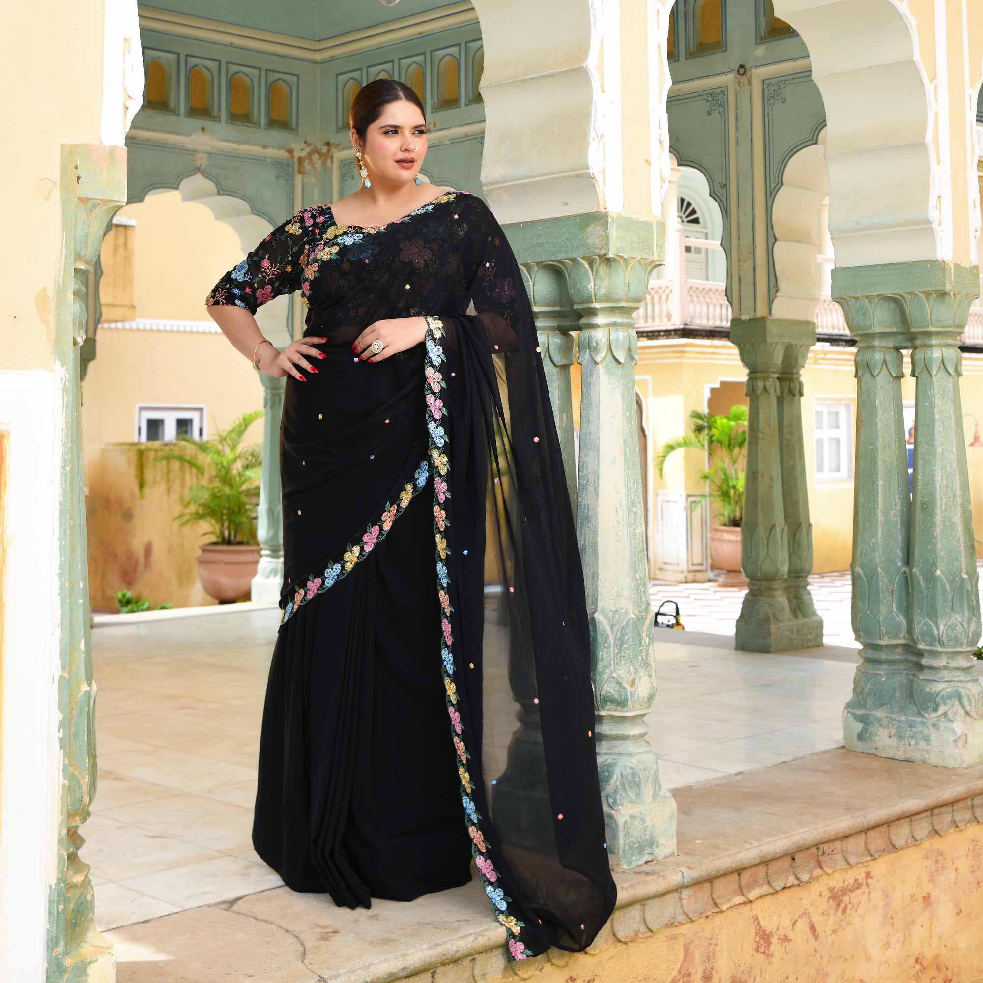 The Queen - Black multicolor sequin embroidered Pre-drape saree 