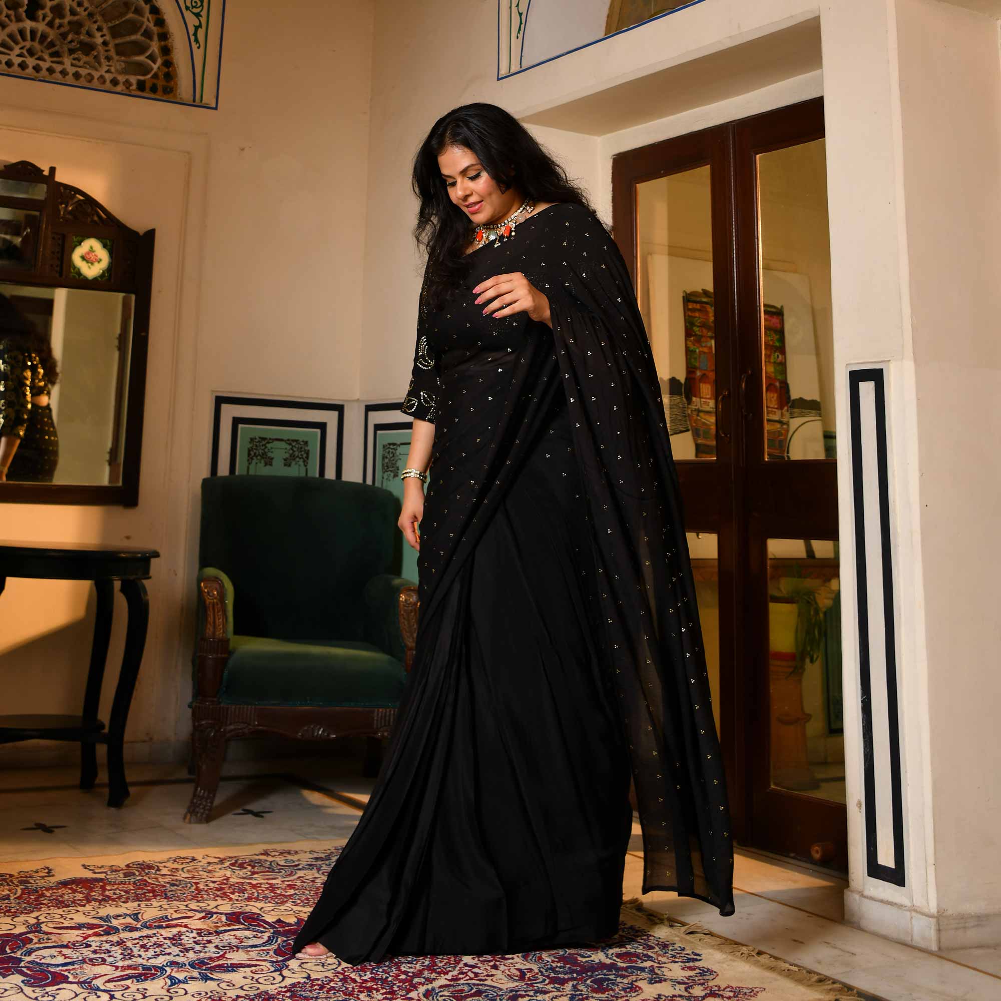 Rasa-Black & Gold Dazzle Pure Chinon Pre-Drape Saree