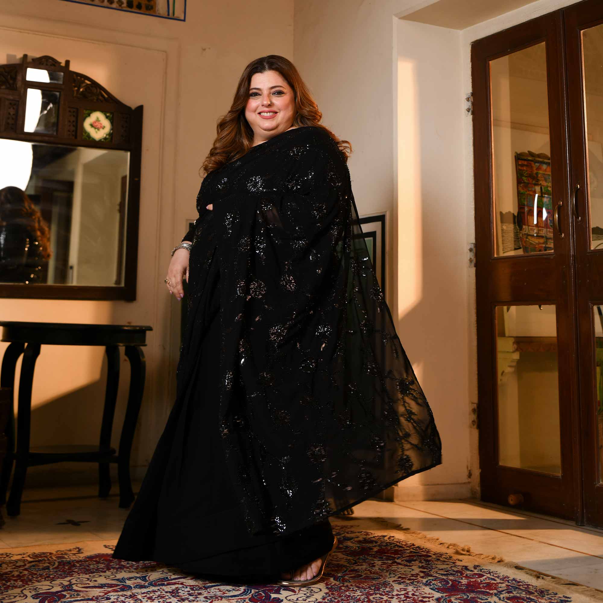 Her Highness- Black Georgette Cutdana & Sequin Embroidered Drape Saree