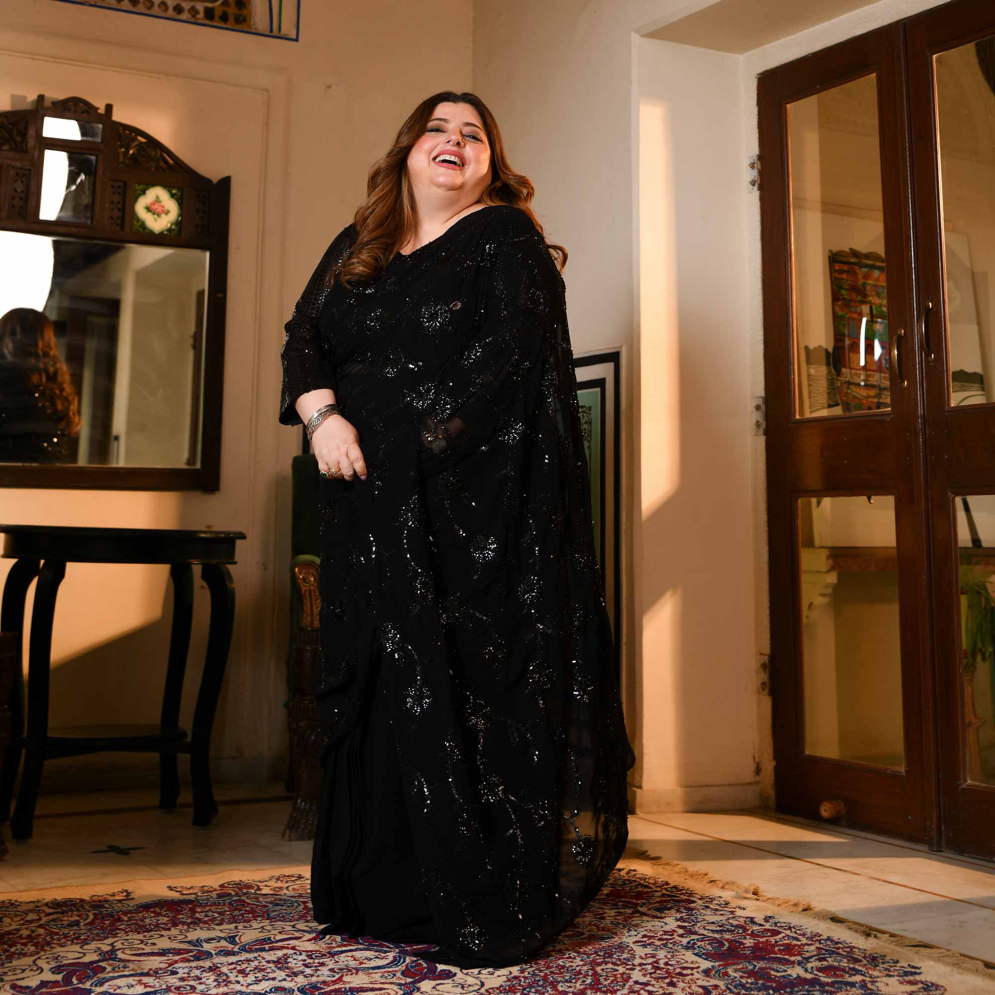 Her Highness- Black Georgette Cutdana & Sequin Embroidered Drape Saree