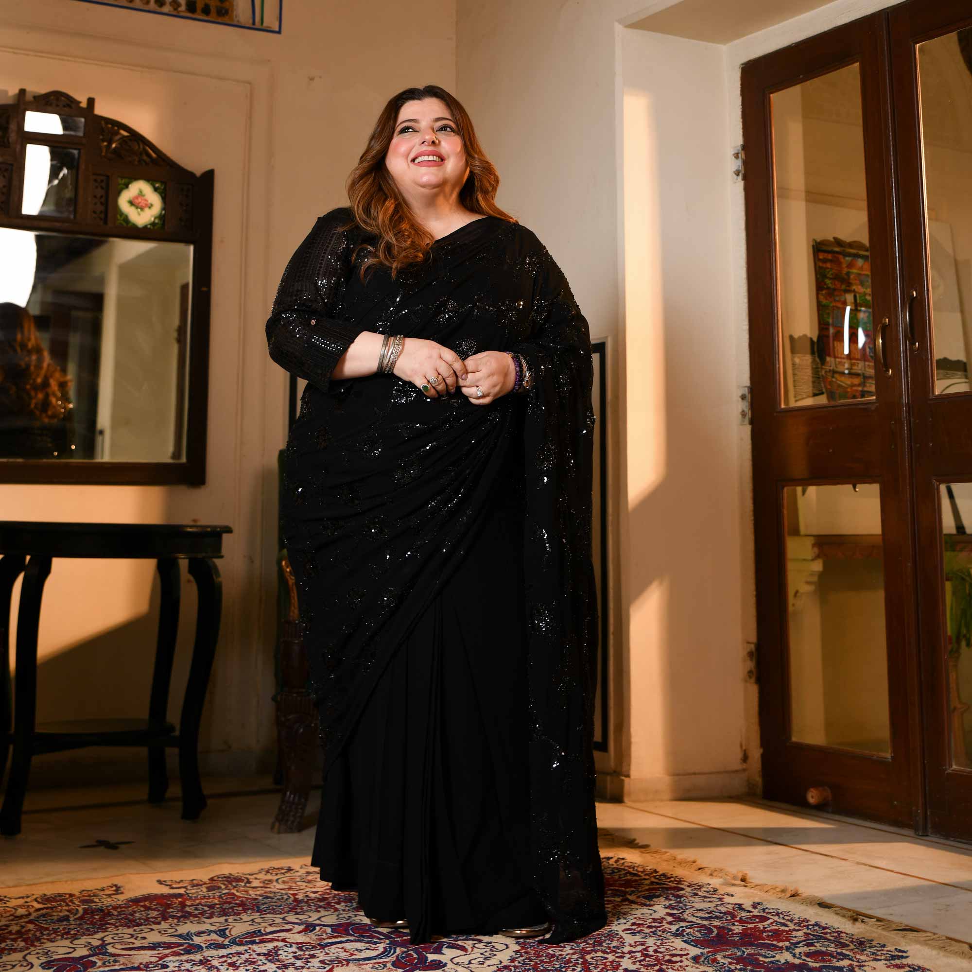 Her Highness- Black Georgette Cutdana & Sequin Embroidered Drape Saree