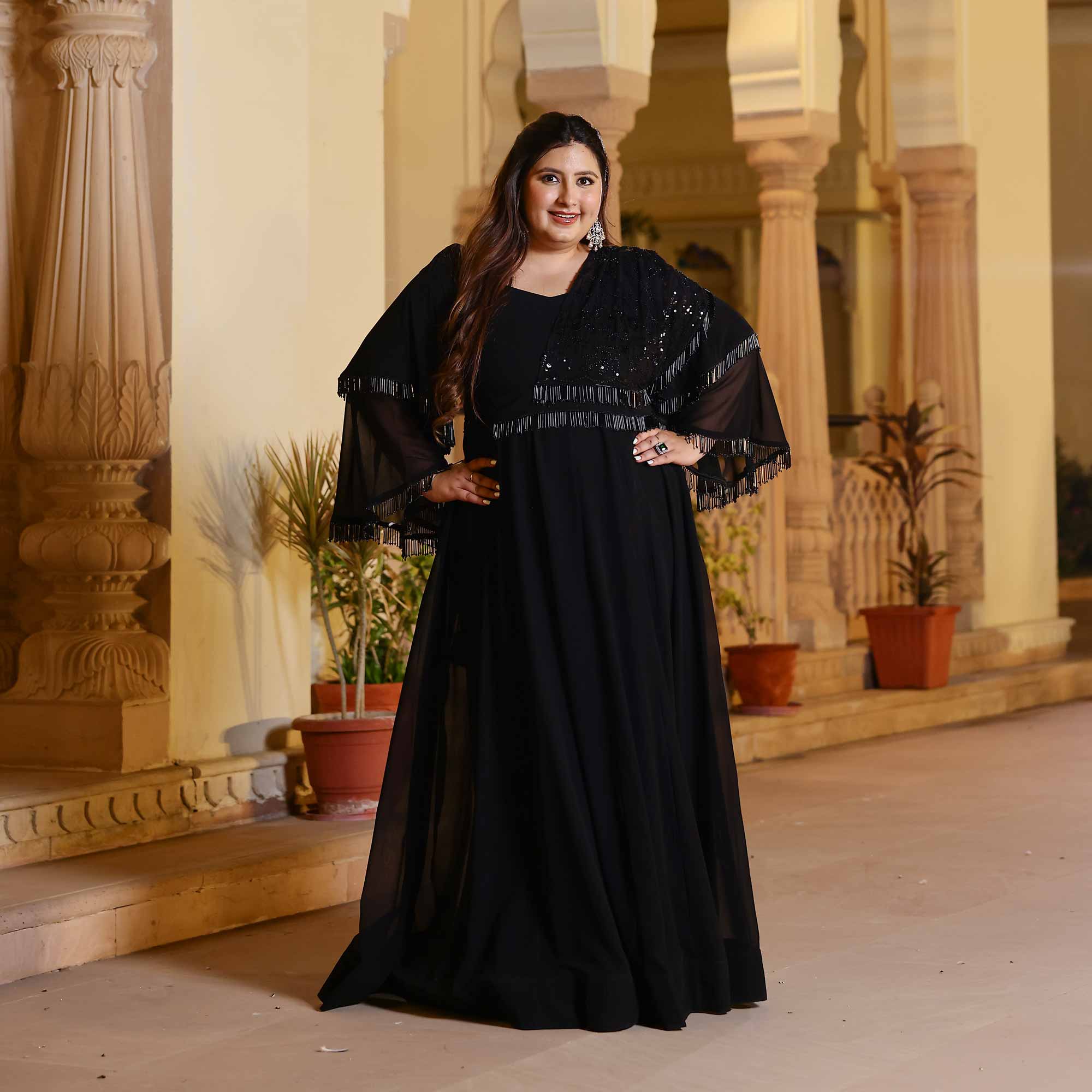 Luxe Ebony Cutdana Georgette Anarkali with Belt drape  (Black)