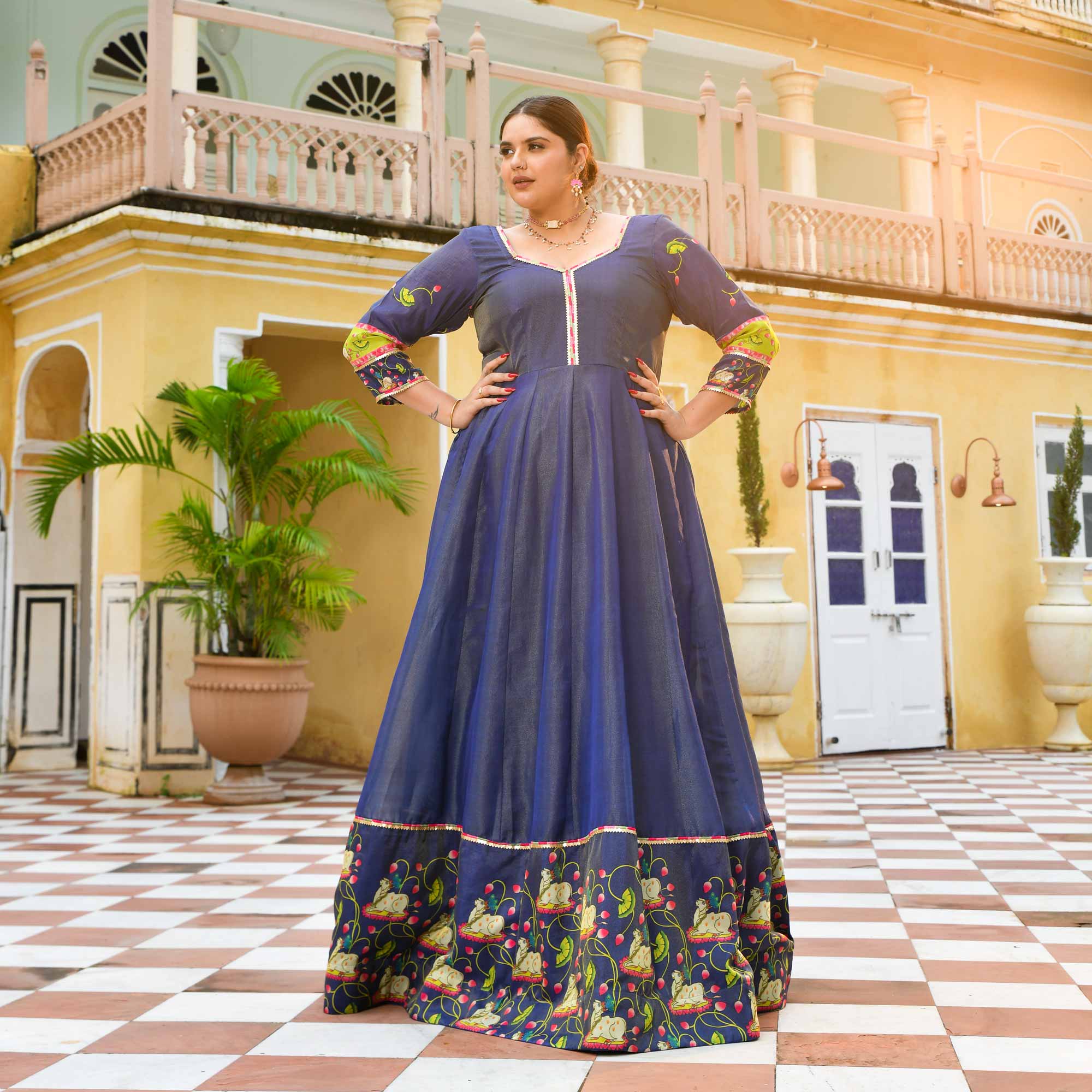 Neel Aabha- Blue Tissue Silk Pichwai Printed Anarkali Set