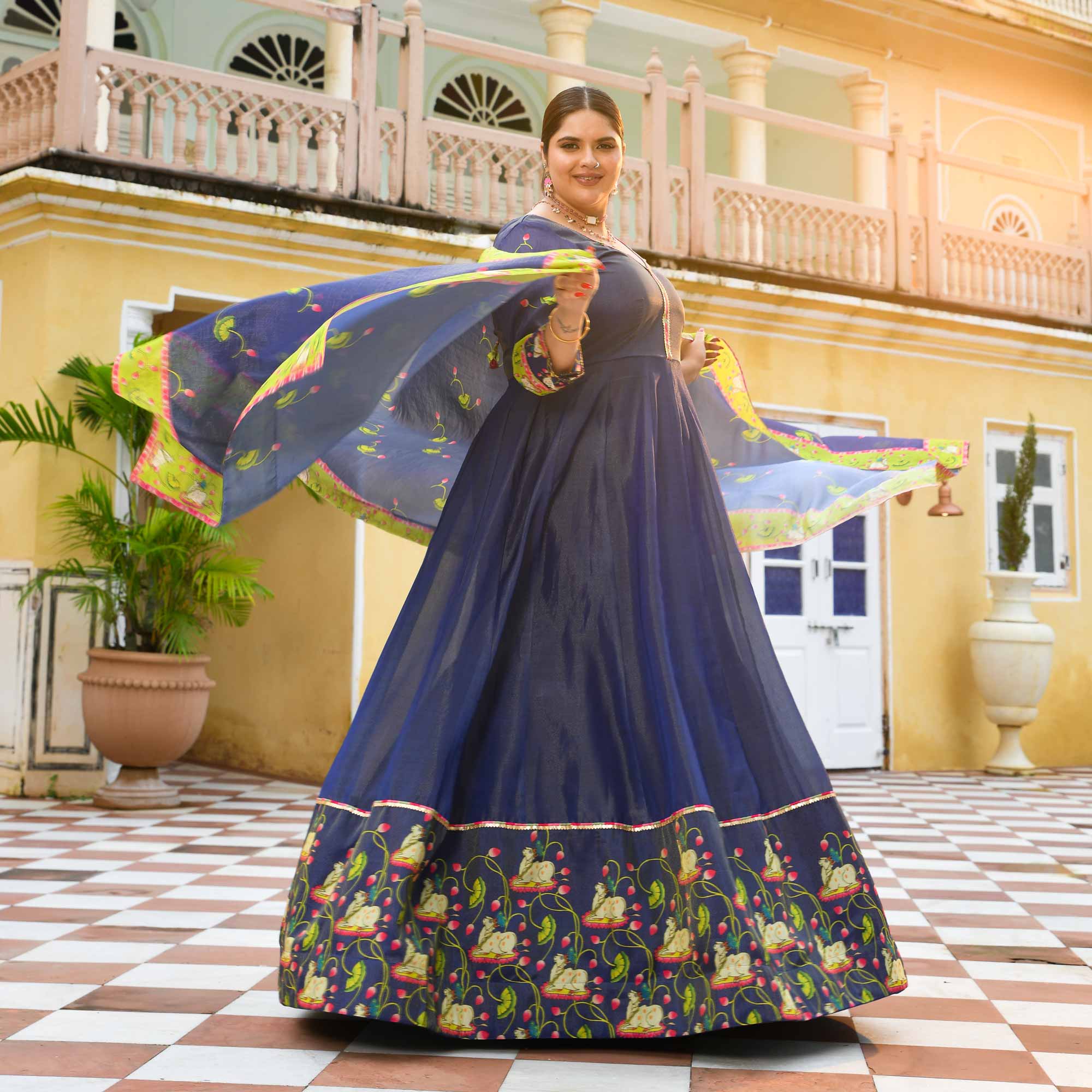 Neel Aabha- Blue Tissue Silk Pichwai Printed Anarkali Set