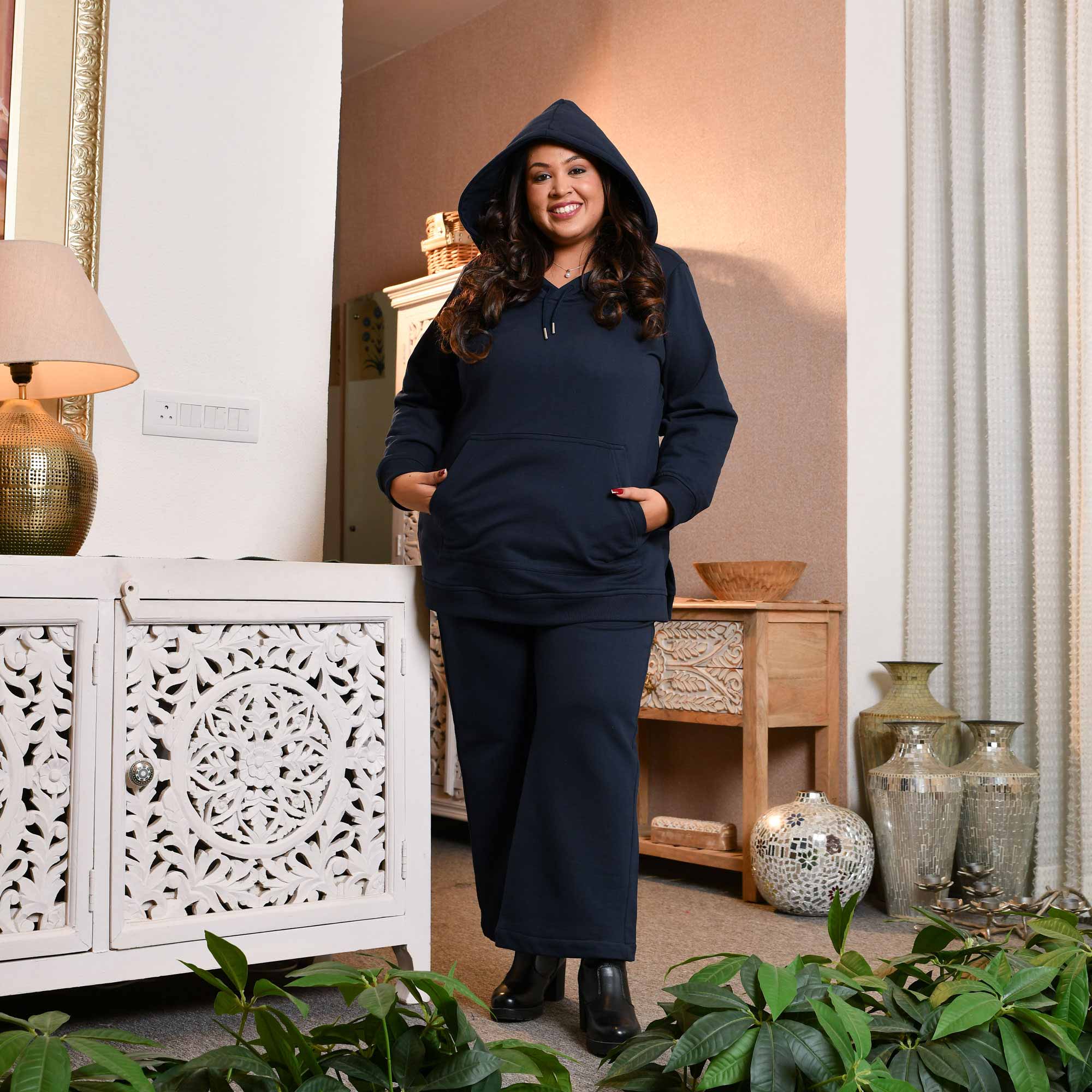 Navy Blue Woollen Fleece Pullover Hoodie Co-ord Set