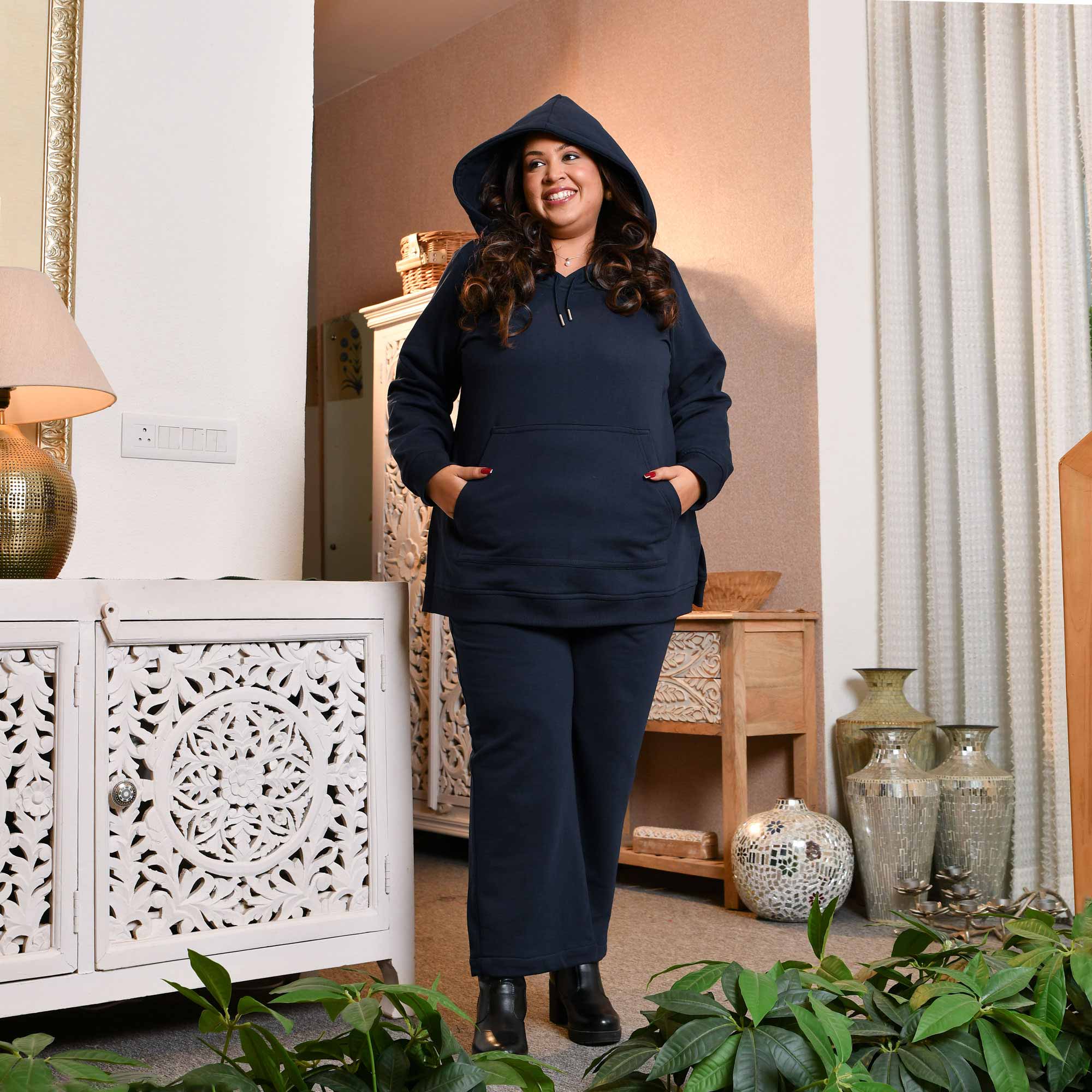 Navy Blue Woollen Fleece Pullover Hoodie Co-ord Set