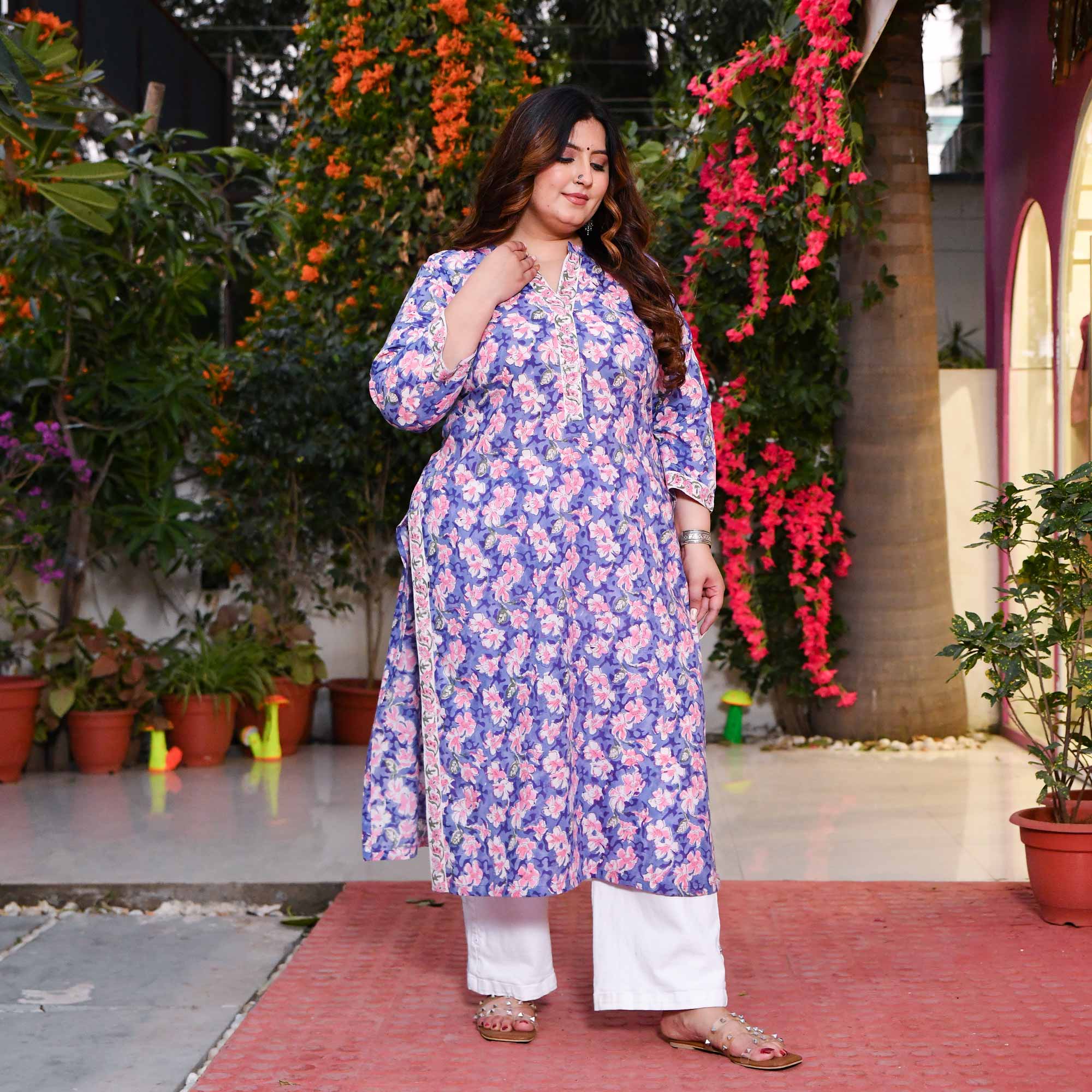 Wisteria- Lavendra & Blue Handblock Printed Pure Cotton Kurta