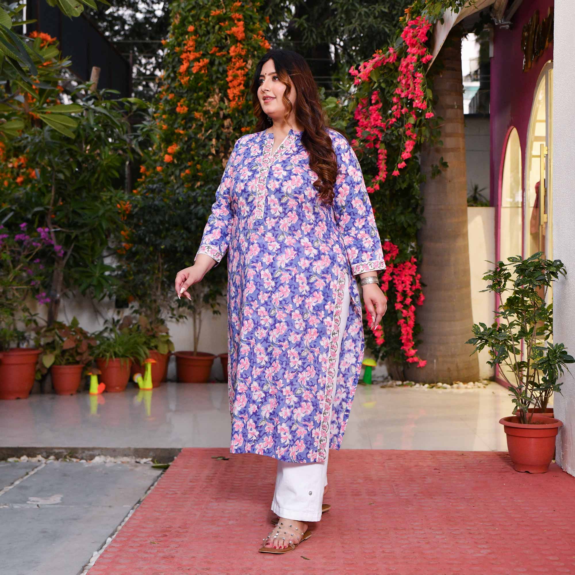 Wisteria- Lavendra & Blue Handblock Printed Pure Cotton Kurta