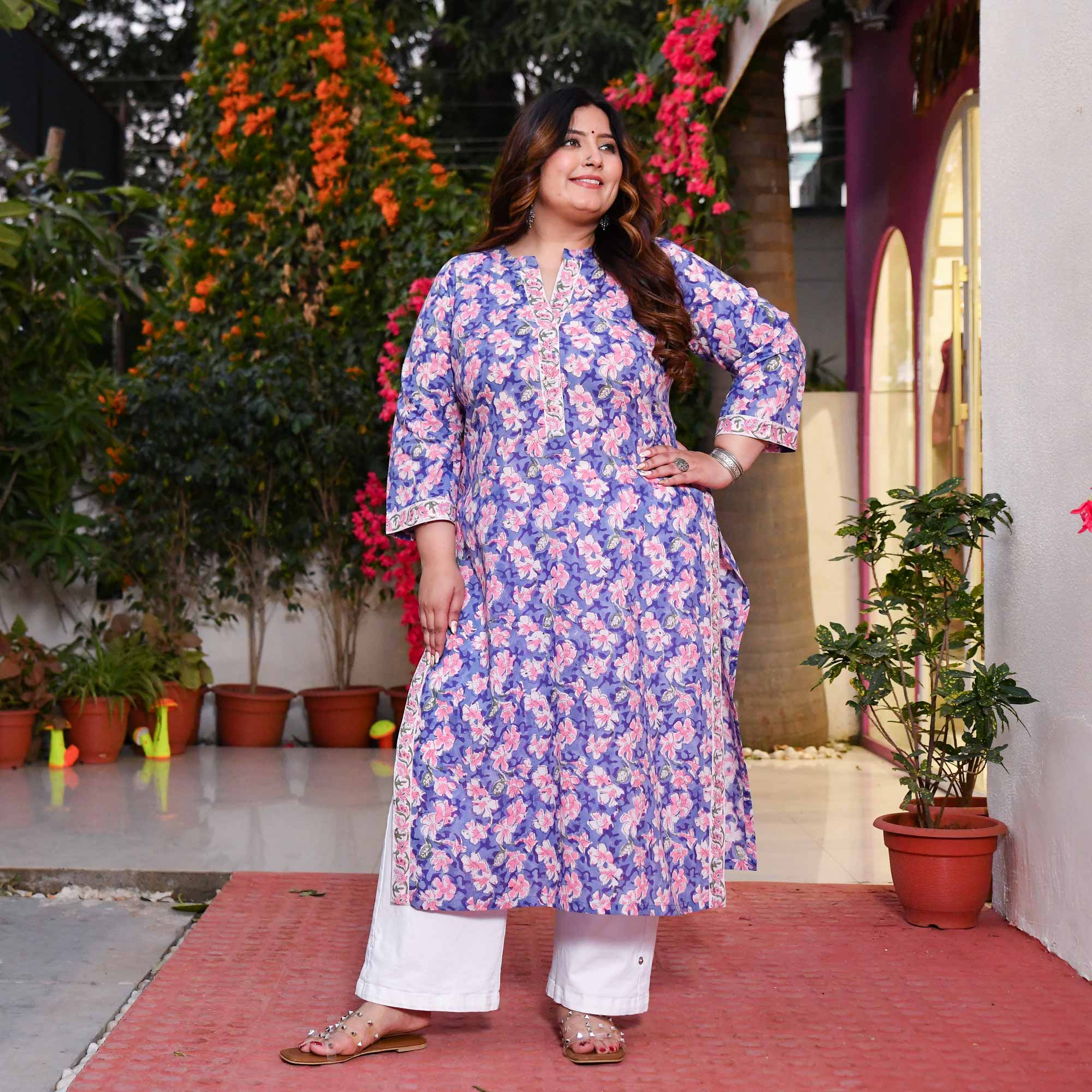 Wisteria- Lavendra & Blue Handblock Printed Pure Cotton Kurta