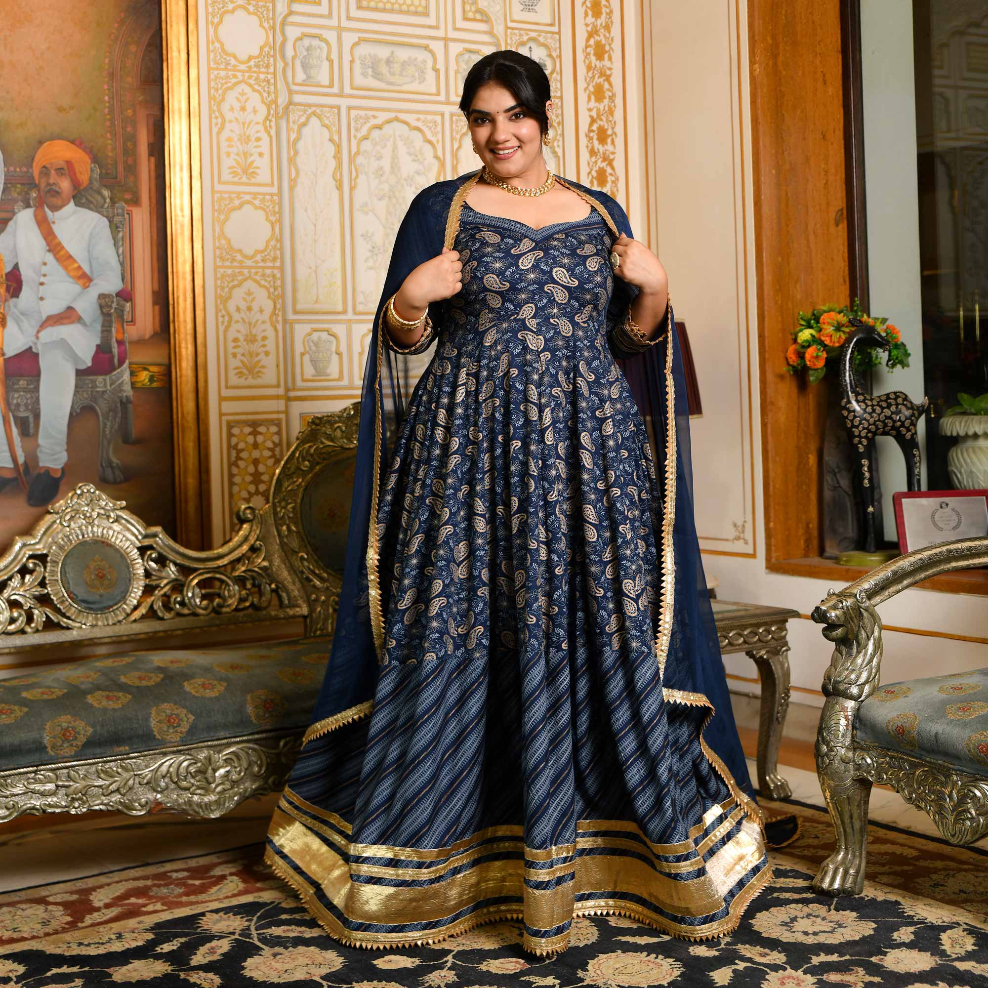 Gopika- Dark Blue & Gold Paisley Gota Work Rayon Anarkali