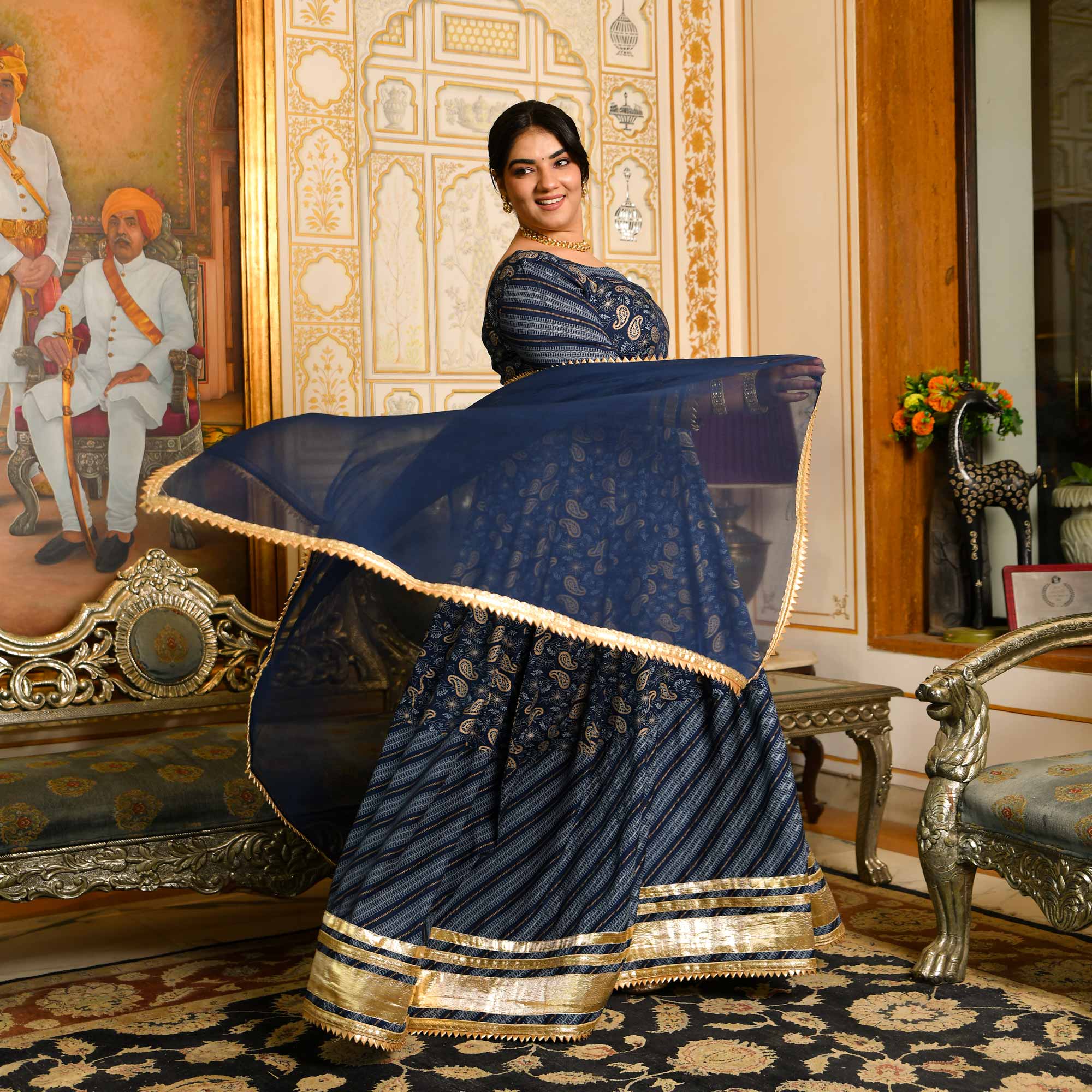 Gopika- Dark Blue & Gold Paisley Gota Work Rayon Anarkali