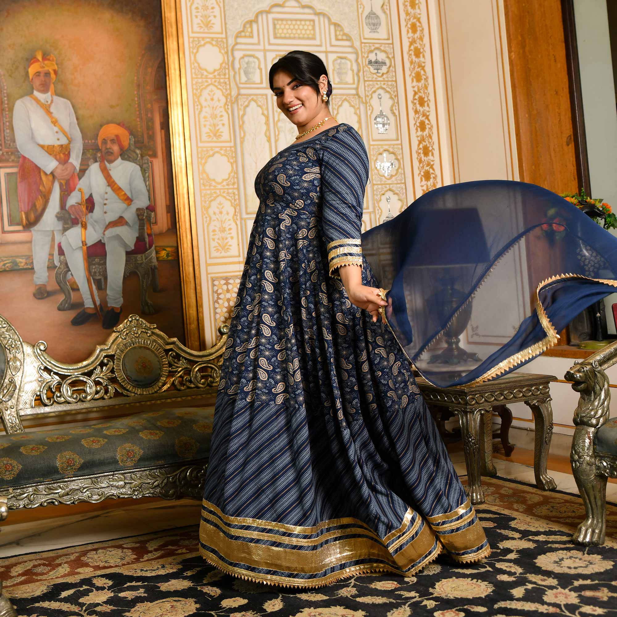 Gopika- Dark Blue & Gold Paisley Gota Work Rayon Anarkali