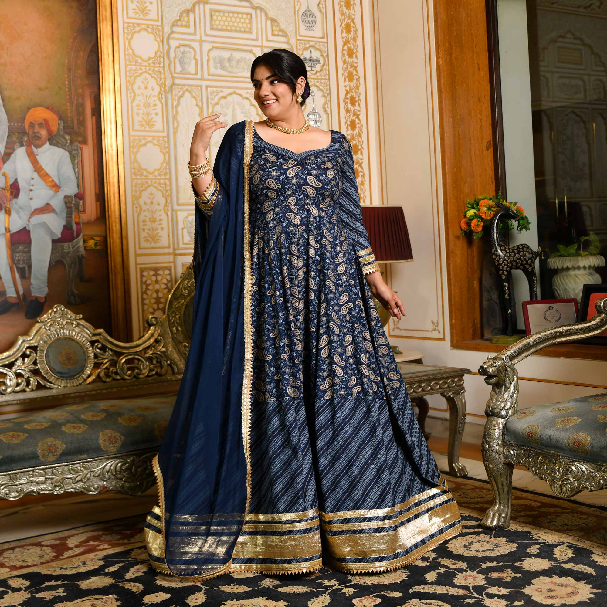 Gopika- Dark Blue & Gold Paisley Gota Work Rayon Anarkali