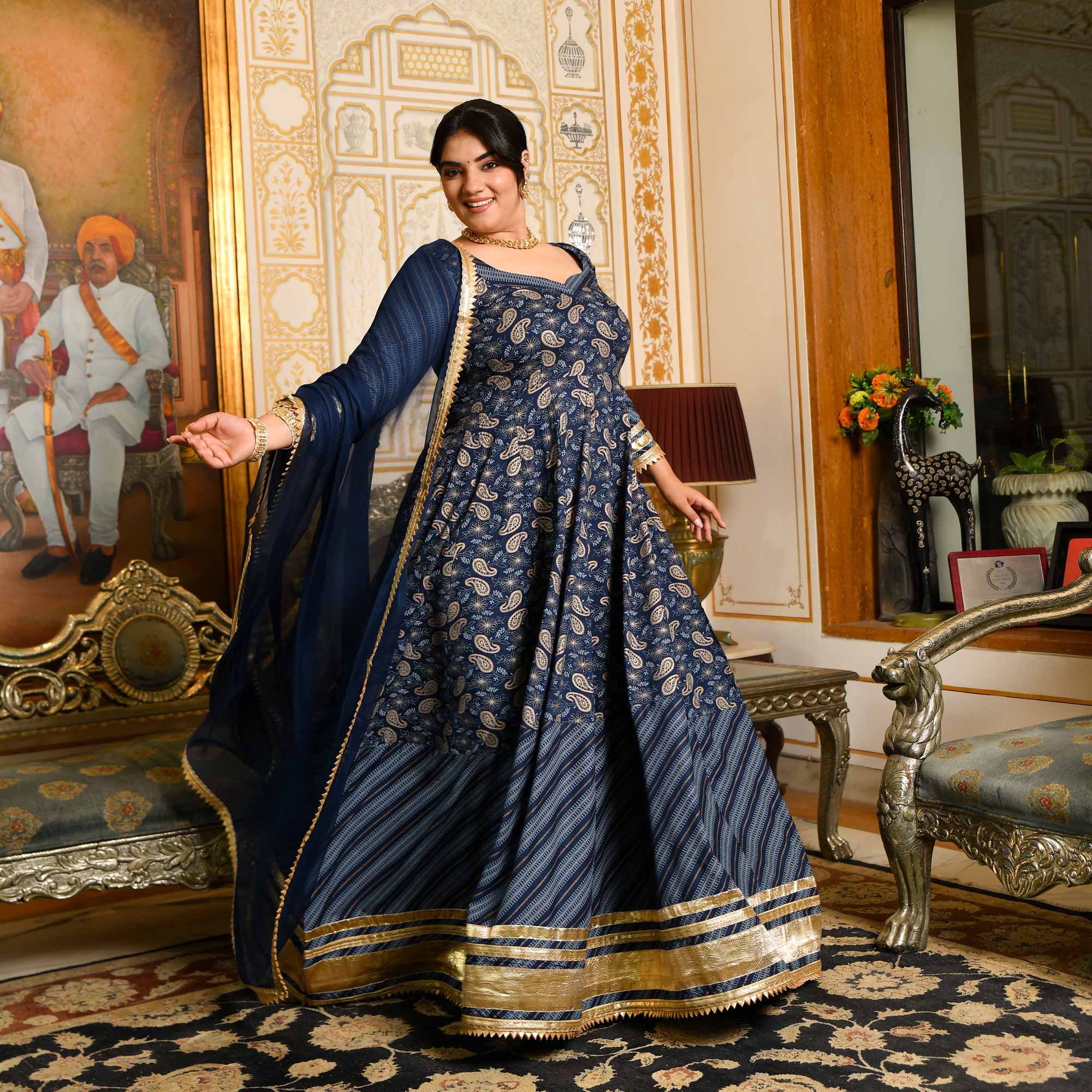 Gopika- Dark Blue & Gold Paisley Gota Work Rayon Anarkali