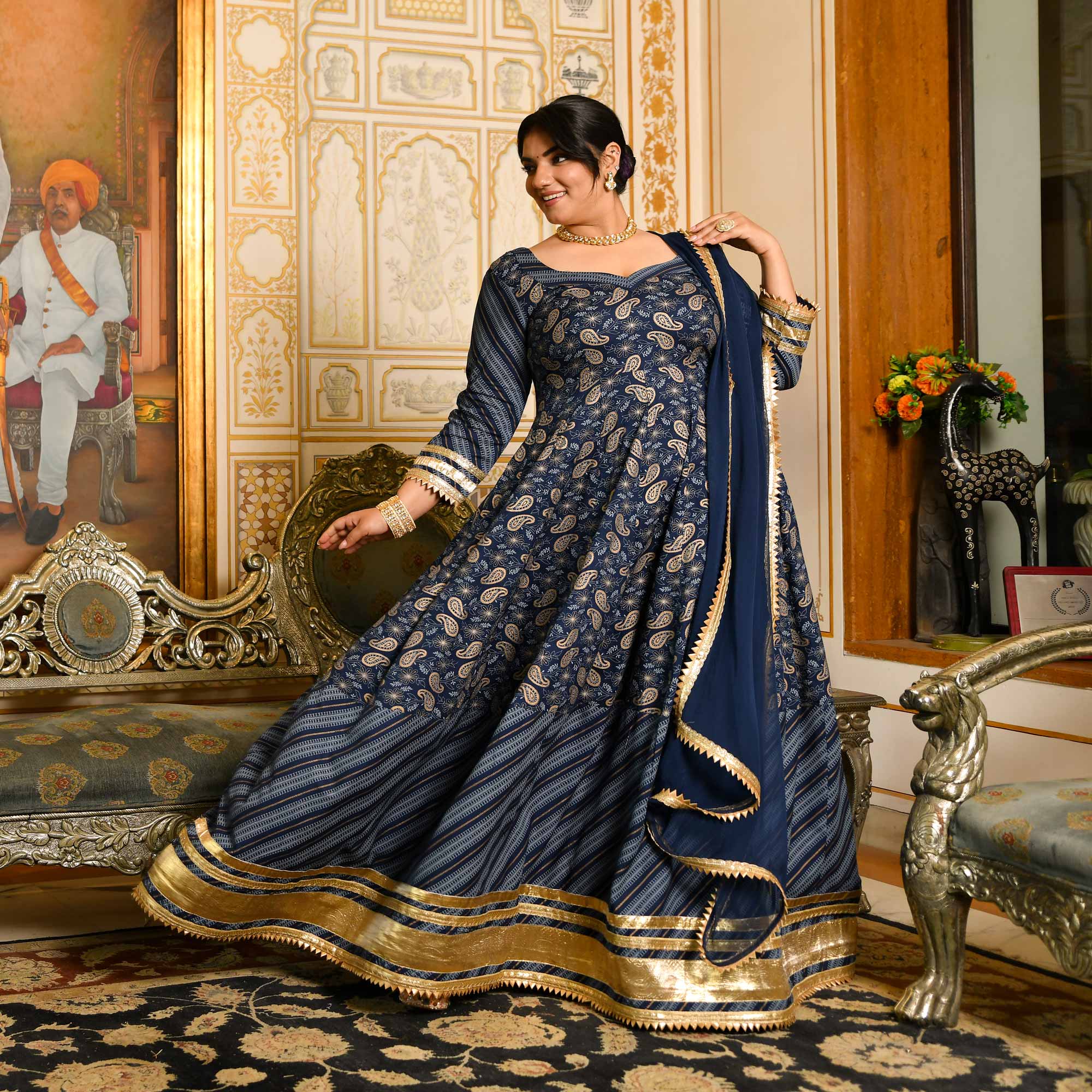 Gopika- Dark Blue & Gold Paisley Gota Work Rayon Anarkali