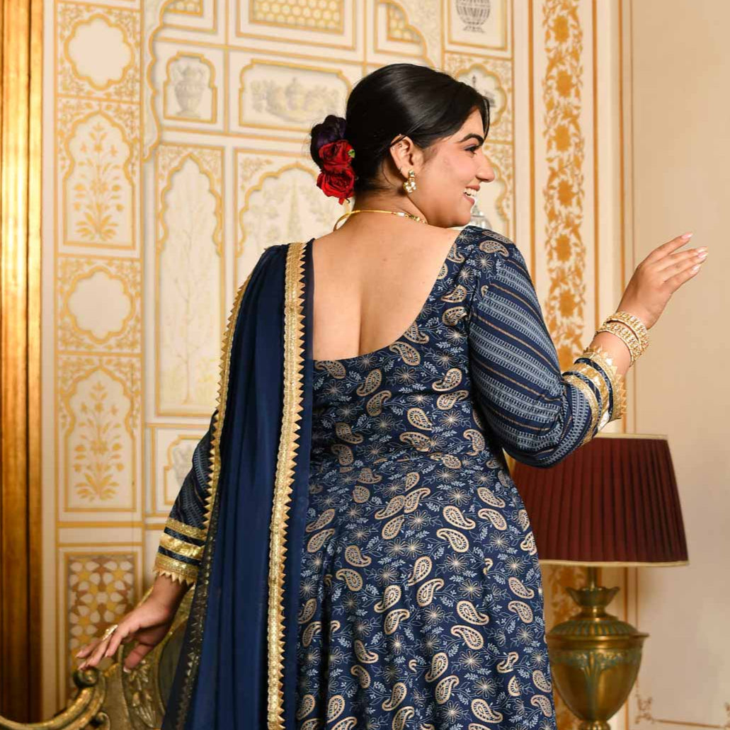 Gopika- Dark Blue & Gold Paisley Gota Work Rayon Anarkali