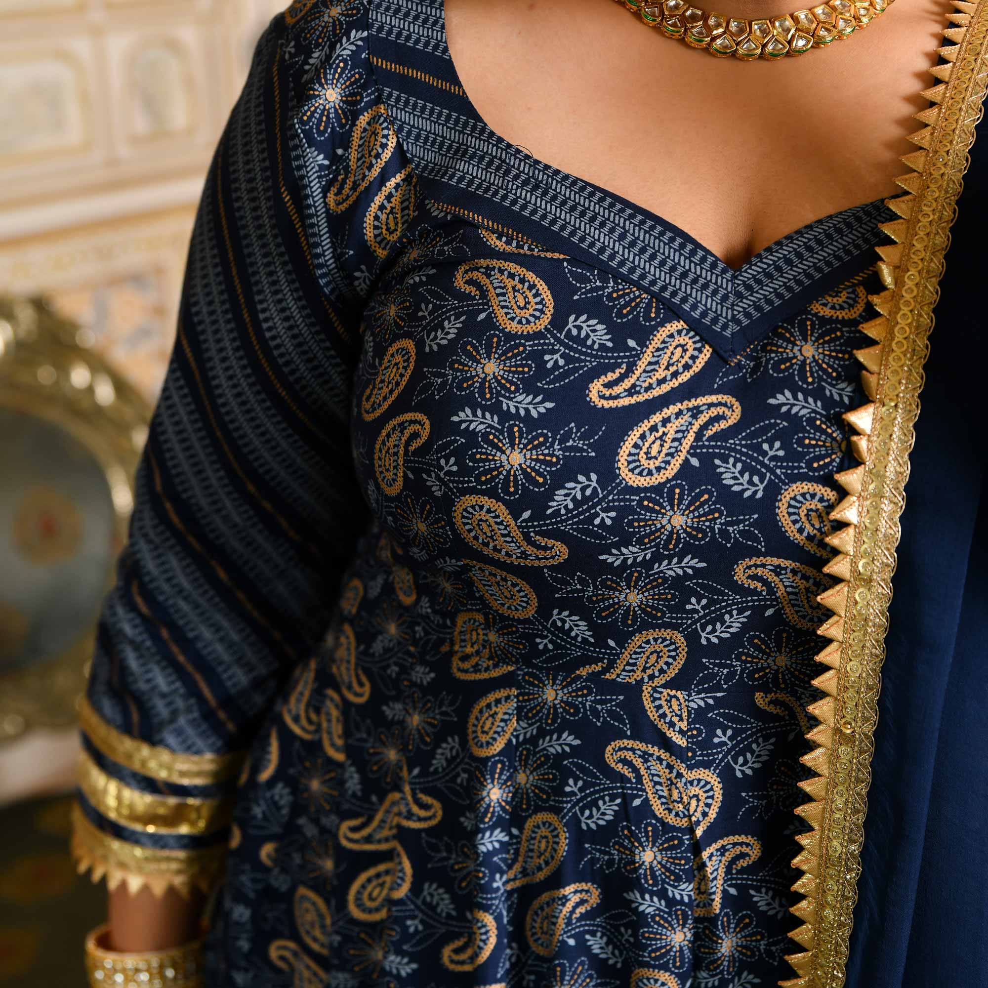 Gopika- Dark Blue & Gold Paisley Gota Work Rayon Anarkali