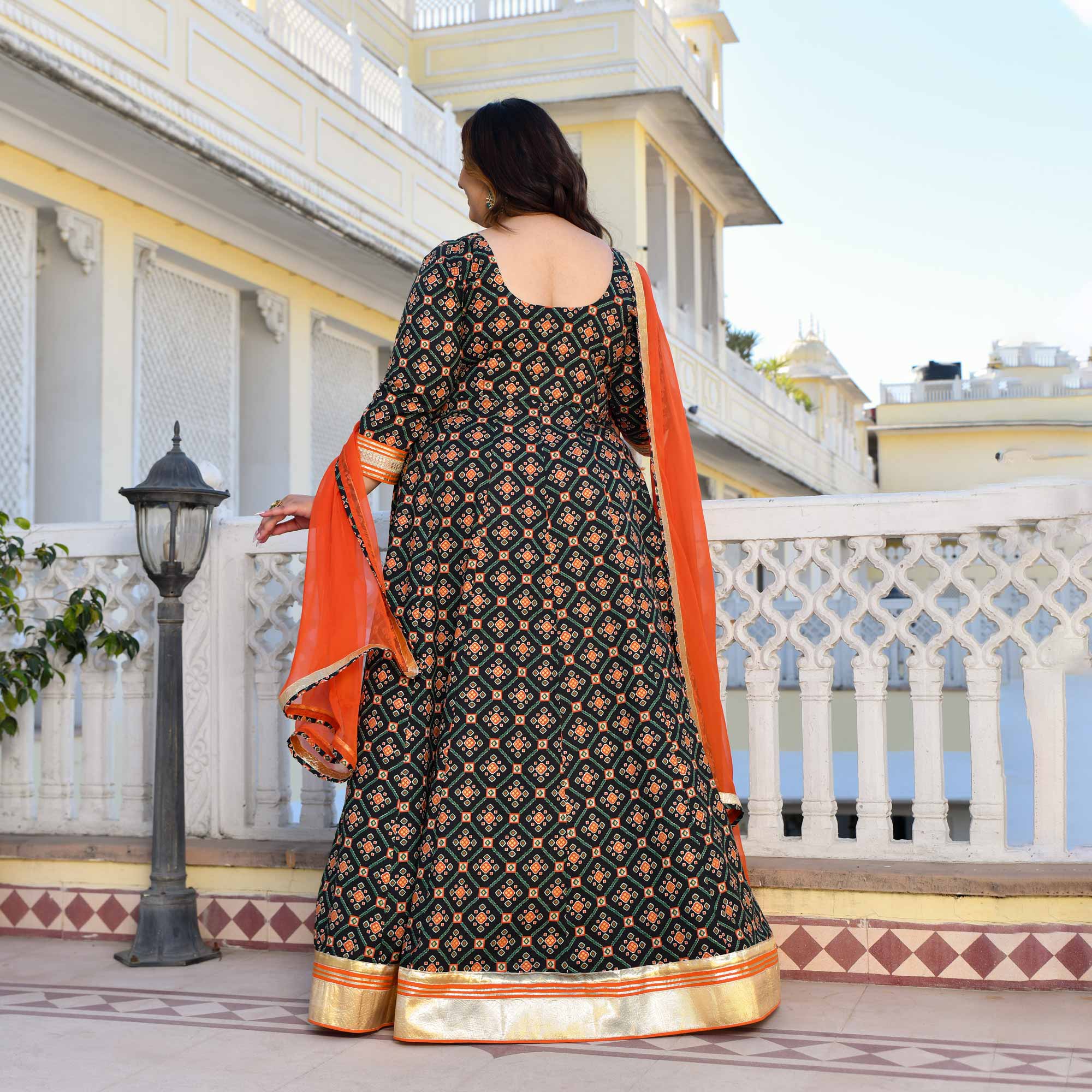 Madhuban- Patola Black with Orange Anarkali