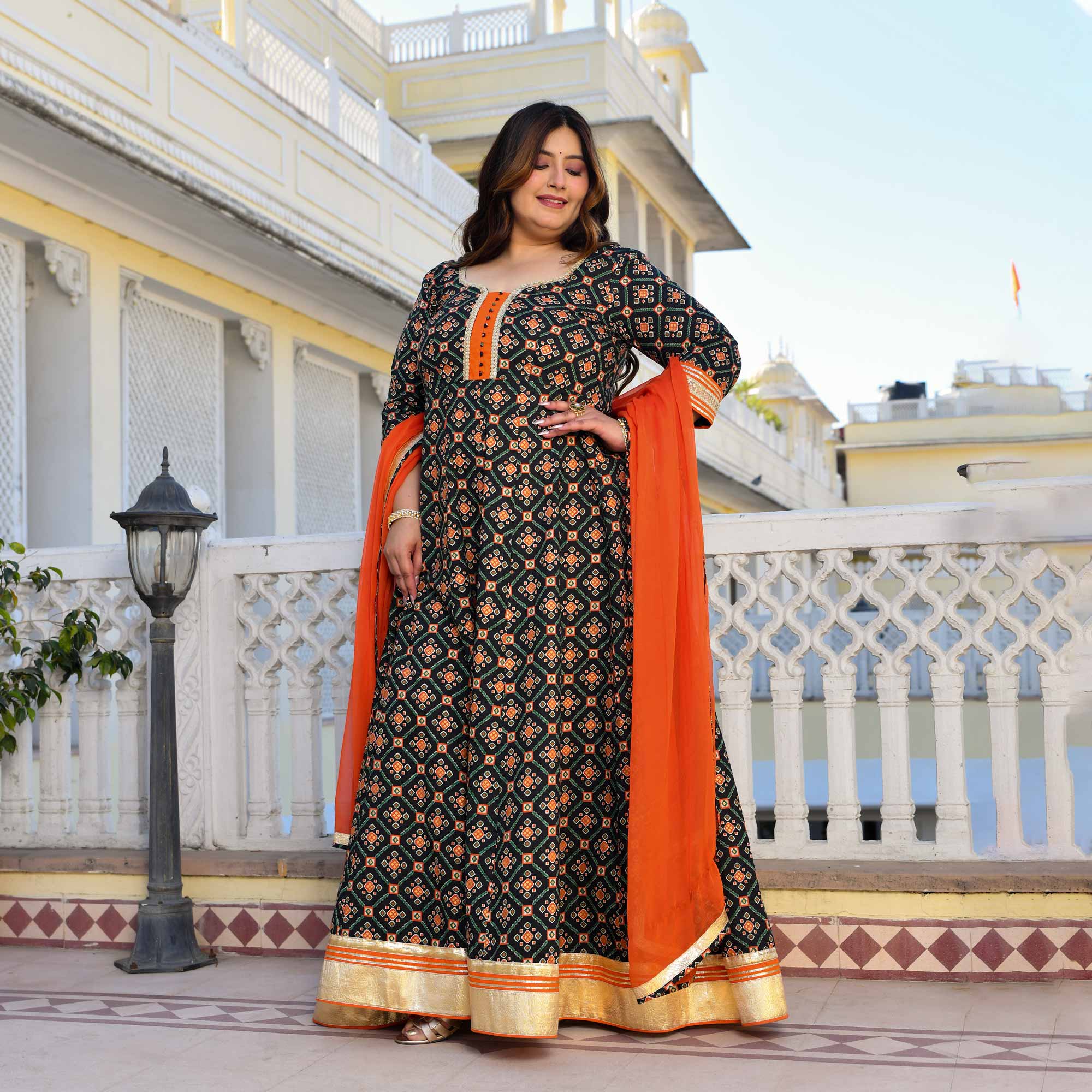 Madhuban- Patola Black with Orange Anarkali