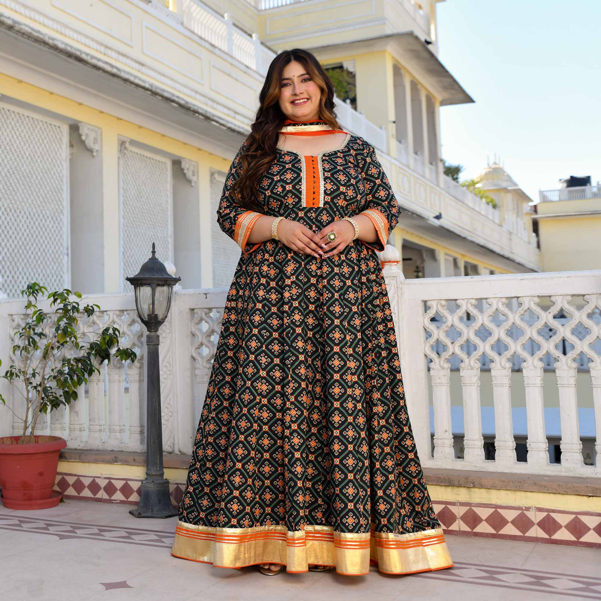 Madhuban- Patola Black with Orange Anarkali